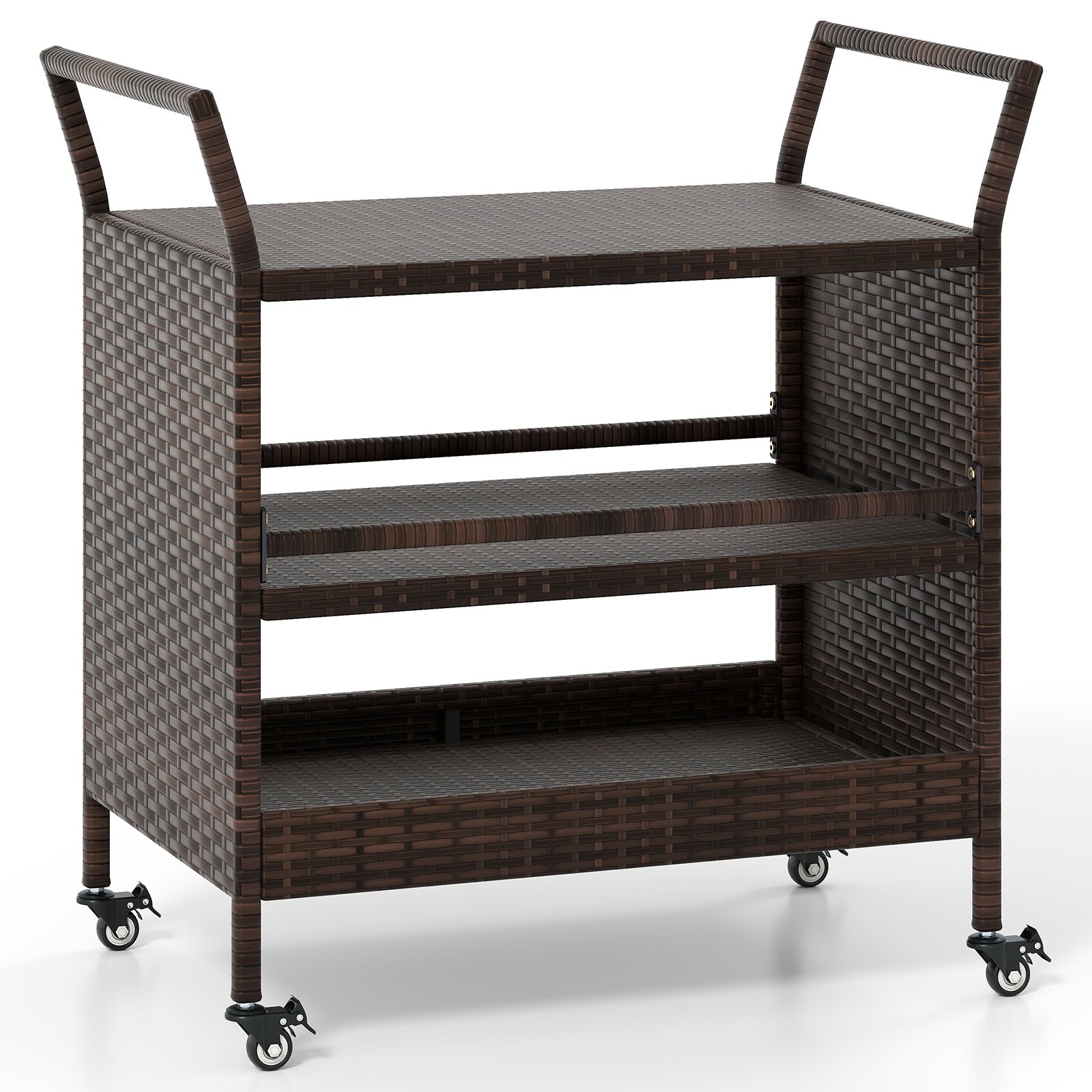 Outdoor Bar Cart 3-Tier Patio Rattan Spacious Storage Shelf with Lockable Universal Wheels Outdoor Bar Cart 3-Tier Patio Rattan Spacious Storage Shelf with Lockable Universal Wheels