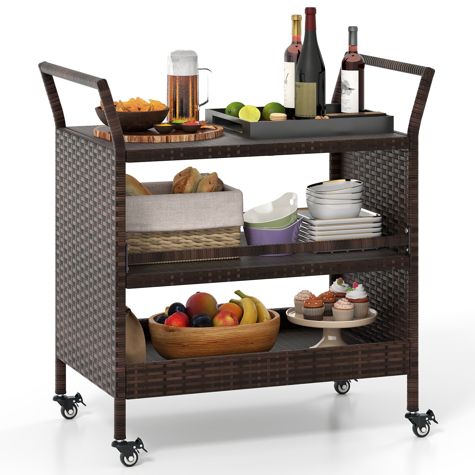 Outdoor Bar Cart 3-Tier Patio Rattan Spacious Storage Shelf with Lockable Universal Wheels Outdoor Bar Cart 3-Tier Patio Rattan Spacious Storage Shelf with Lockable Universal Wheels