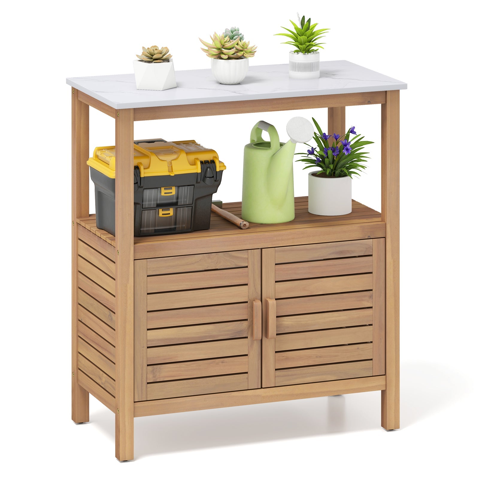 Outdoor Potting Modern Bench with Resin Tabletop and Spacious Storage Shelf Outdoor Potting Modern Bench with Resin Tabletop and Spacious Storage Shelf