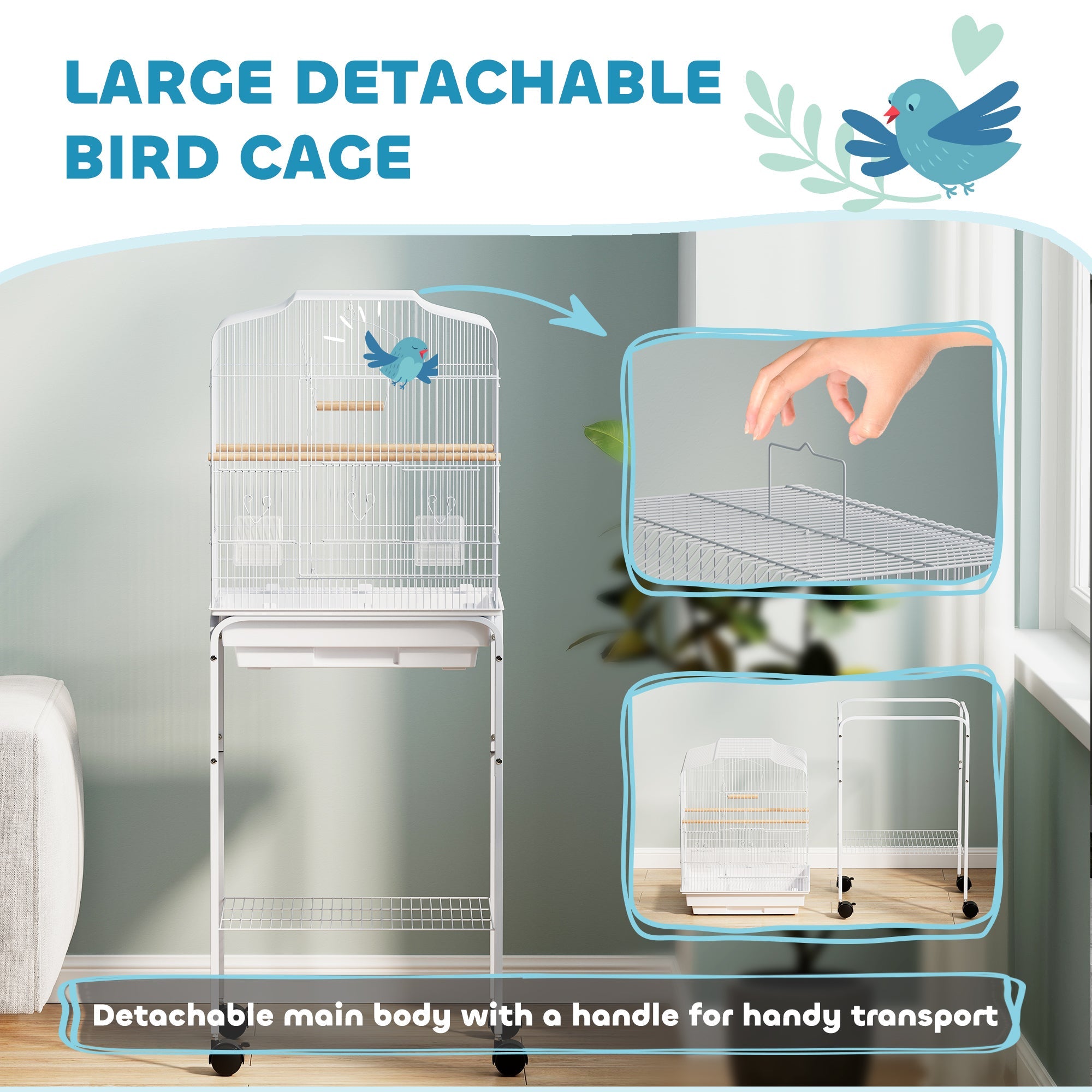 PawHut Bird Cage Budgie Cages for Finch Canary Parakeet with Stand Wheels Slide-out Tray Accessories Spacious Storage Shelf, White PawHut Bird Cage Budgie Cages for Finch Canary Parakeet with Stand Wheels Slide-out Tray Accessories Spacious Storage Shelf, White