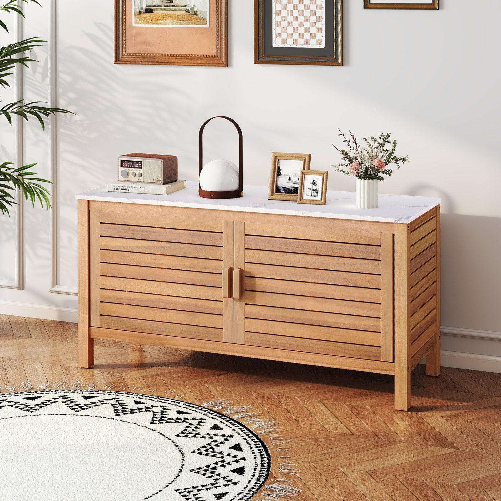 Patio Spacious Storage Cabinet 2-Door Acacia Wood Spacious Storage Container with Faux Marble Top Patio Spacious Storage Cabinet 2-Door Acacia Wood Spacious Storage Container with Faux Marble Top