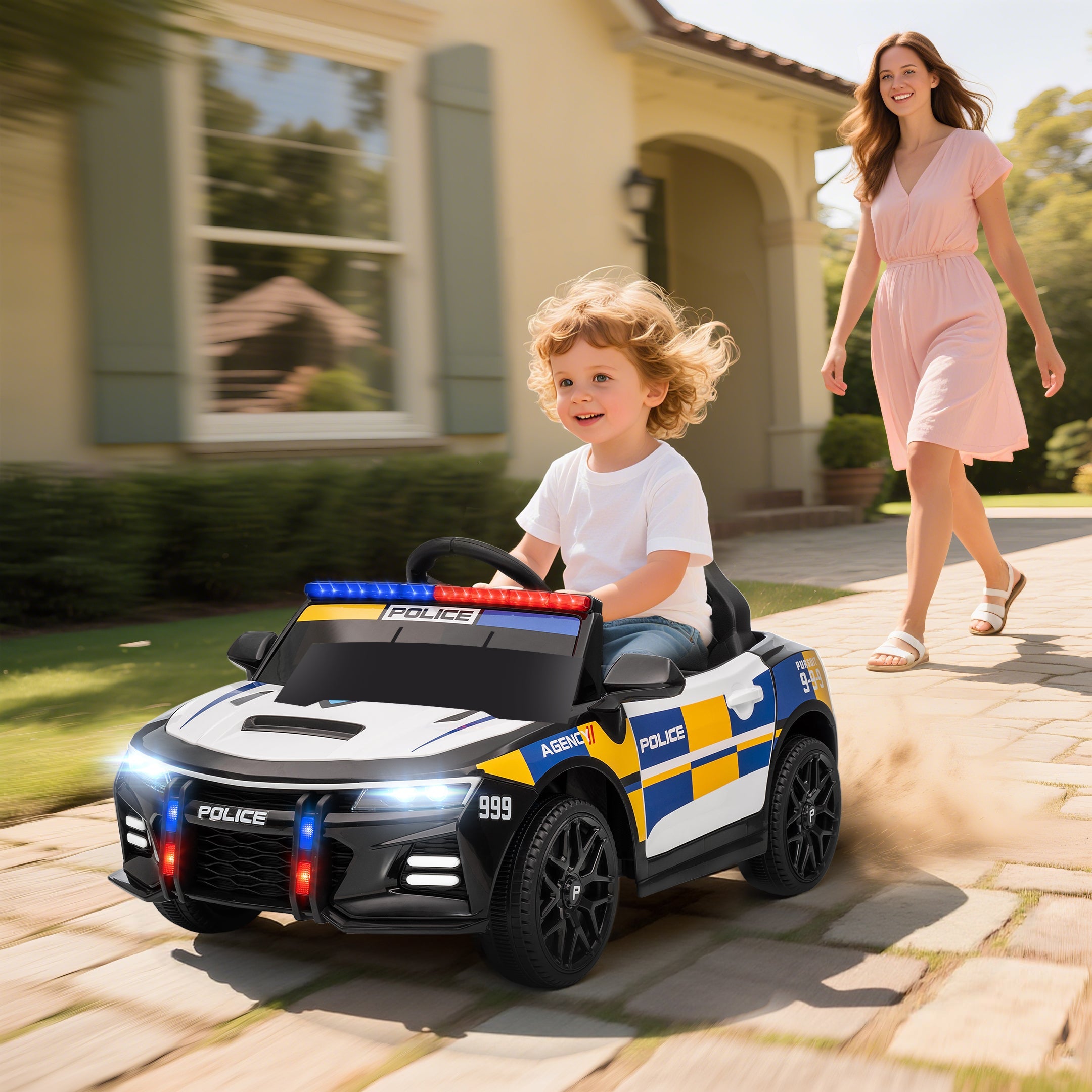 AIYAPLAY Kids Electric Ride on Police Car with Remote Control, Music, Horn, Siren Flashing Lights for 3-5 Years Old, Multicolour AIYAPLAY Kids Electric Ride on Police Car with Remote Control, Music, Horn, Siren Flashing Lights for 3-5 Years Old, Multicolour