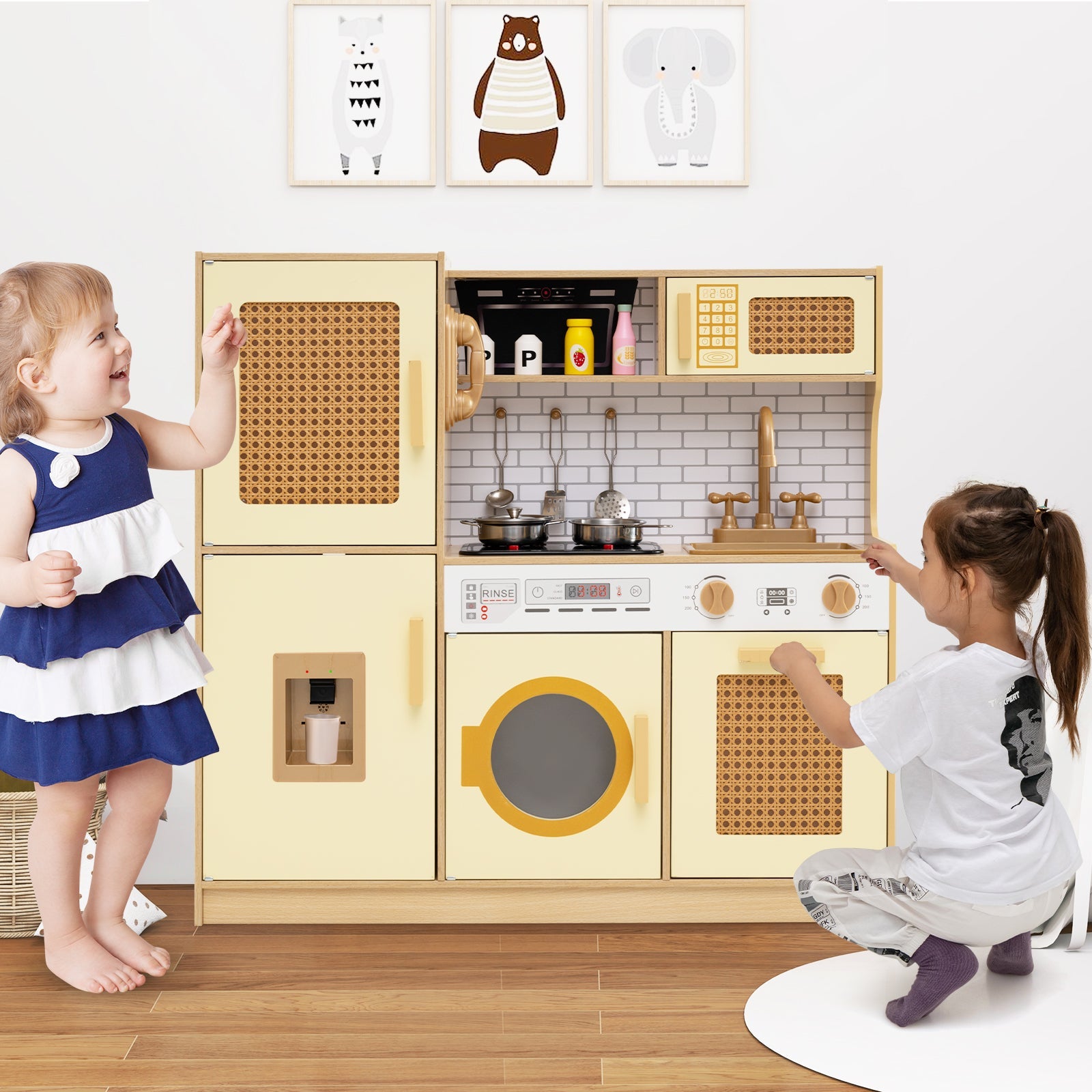 Wooden Kids Kitchen Playset with Real Sounds Lights Stove Water Dispenser-Yellow Wooden Kids Kitchen Playset with Real Sounds Lights Stove Water Dispenser-Yellow