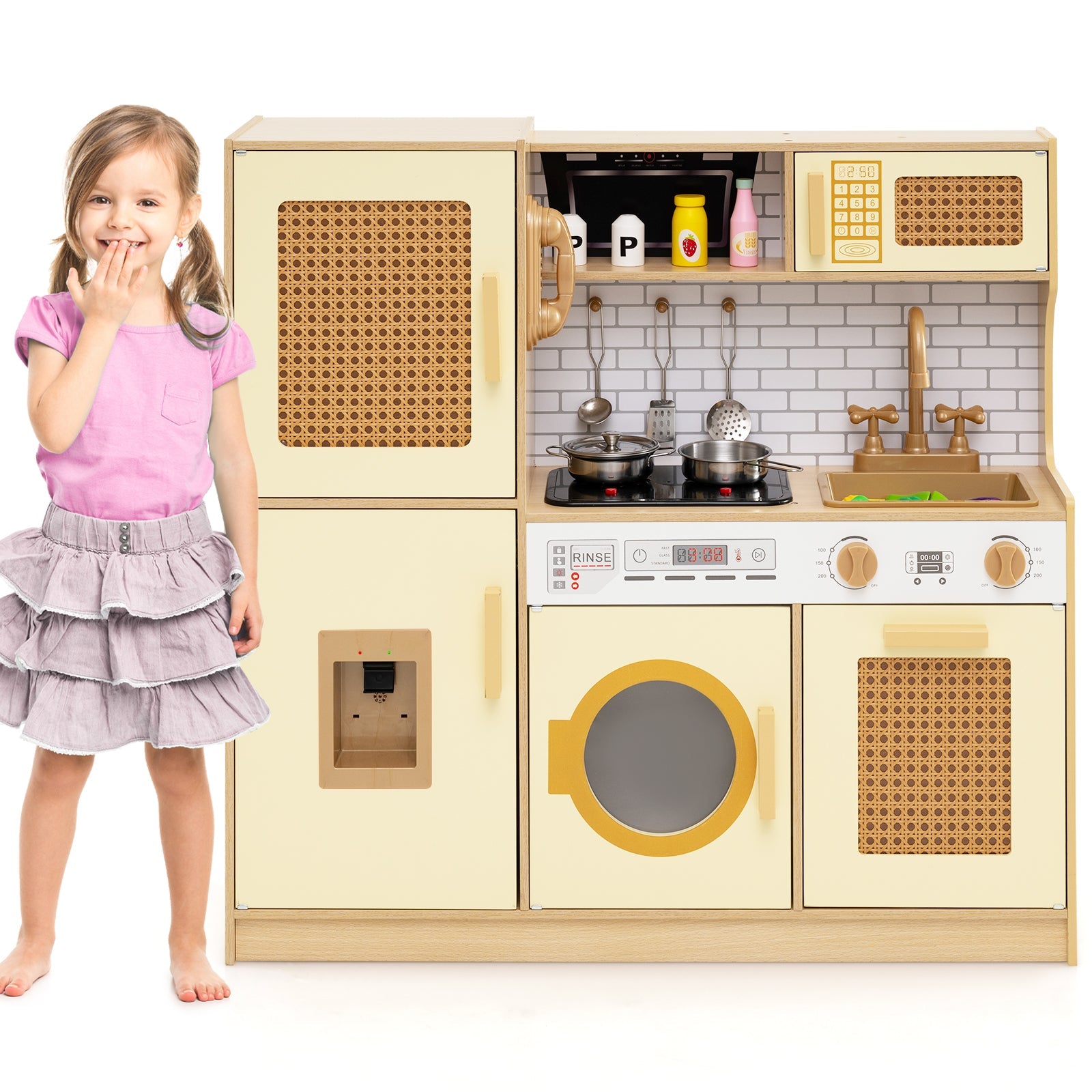 Wooden Kids Kitchen Playset with Real Sounds Lights Stove Water Dispenser-Yellow Wooden Kids Kitchen Playset with Real Sounds Lights Stove Water Dispenser-Yellow