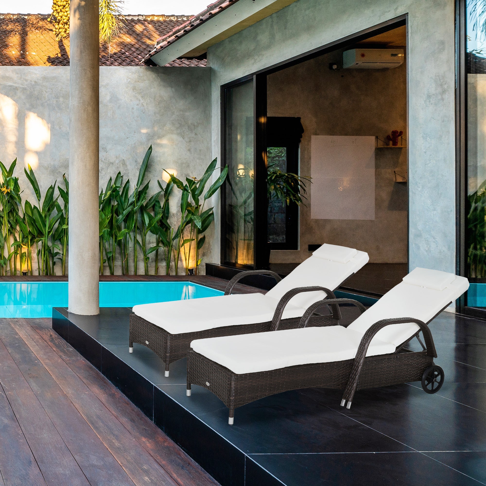 Outsunny 2PC Rattan Sun Lounger Recliner Bed Reclining Chair Patio Garden Outdoor Wicker Weave Adjustable Headrest with Fire Retardant Cushion – Brown Outsunny 2PC Rattan Sun Lounger Recliner Bed Reclining Chair Patio Garden Outdoor Wicker Weave Adjustable Headrest with Fire Retardant Cushion – Brown