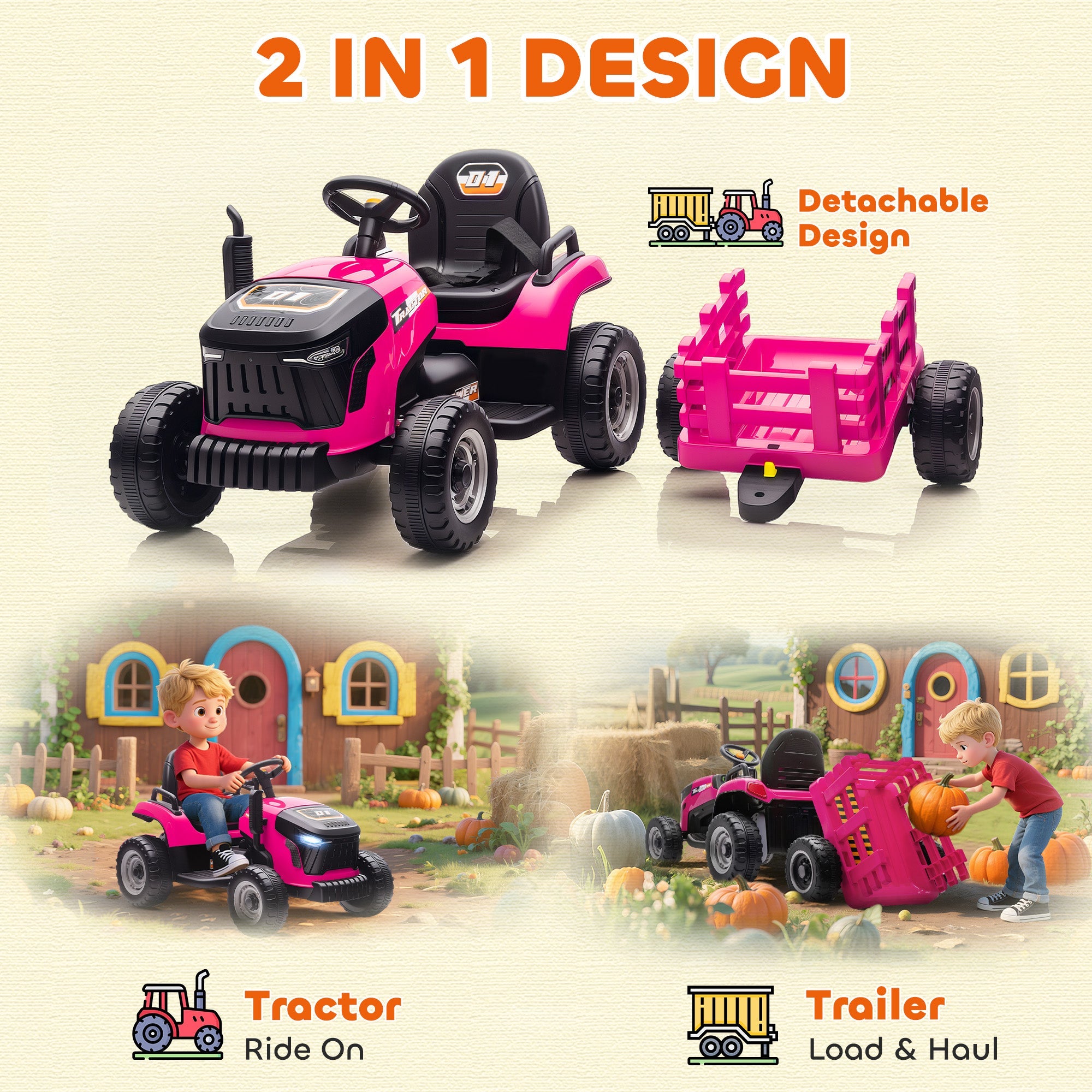 AIYAPLAY 12V Ride on Tractor and Trailer with Remote Control, Music, Shifter, Start-Up Sound, for Kids Ages 3-8 Years, Pink AIYAPLAY 12V Ride on Tractor and Trailer with Remote Control, Music, Shifter, Start-Up Sound, for Kids Ages 3-8 Years, Pink
