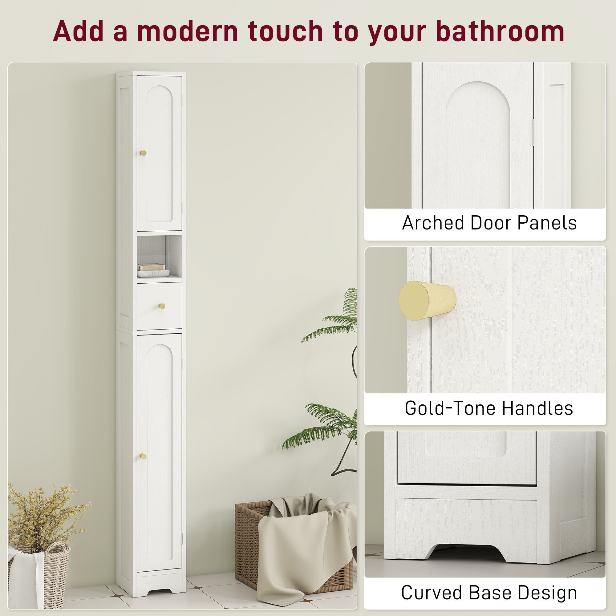 Elegant HOMCOM 185 cm Tall Bathroom Cabinet with Arched Doors - White Elegant HOMCOM 185 cm Tall Bathroom Cabinet with Arched Doors - White