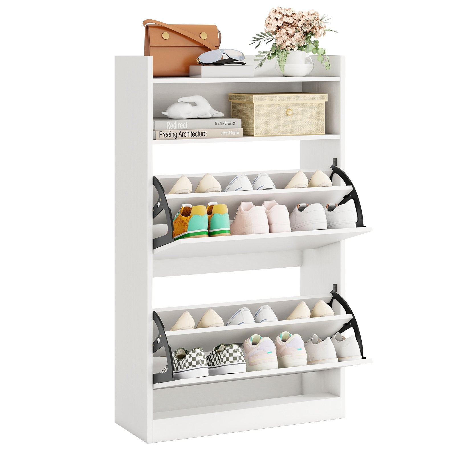 Shoe Spacious Storage Cabinet with 2 Flip Drawers and Open Spacious Storage- Shoe Spacious Storage Cabinet with 2 Flip Drawers and Open Spacious Storage-