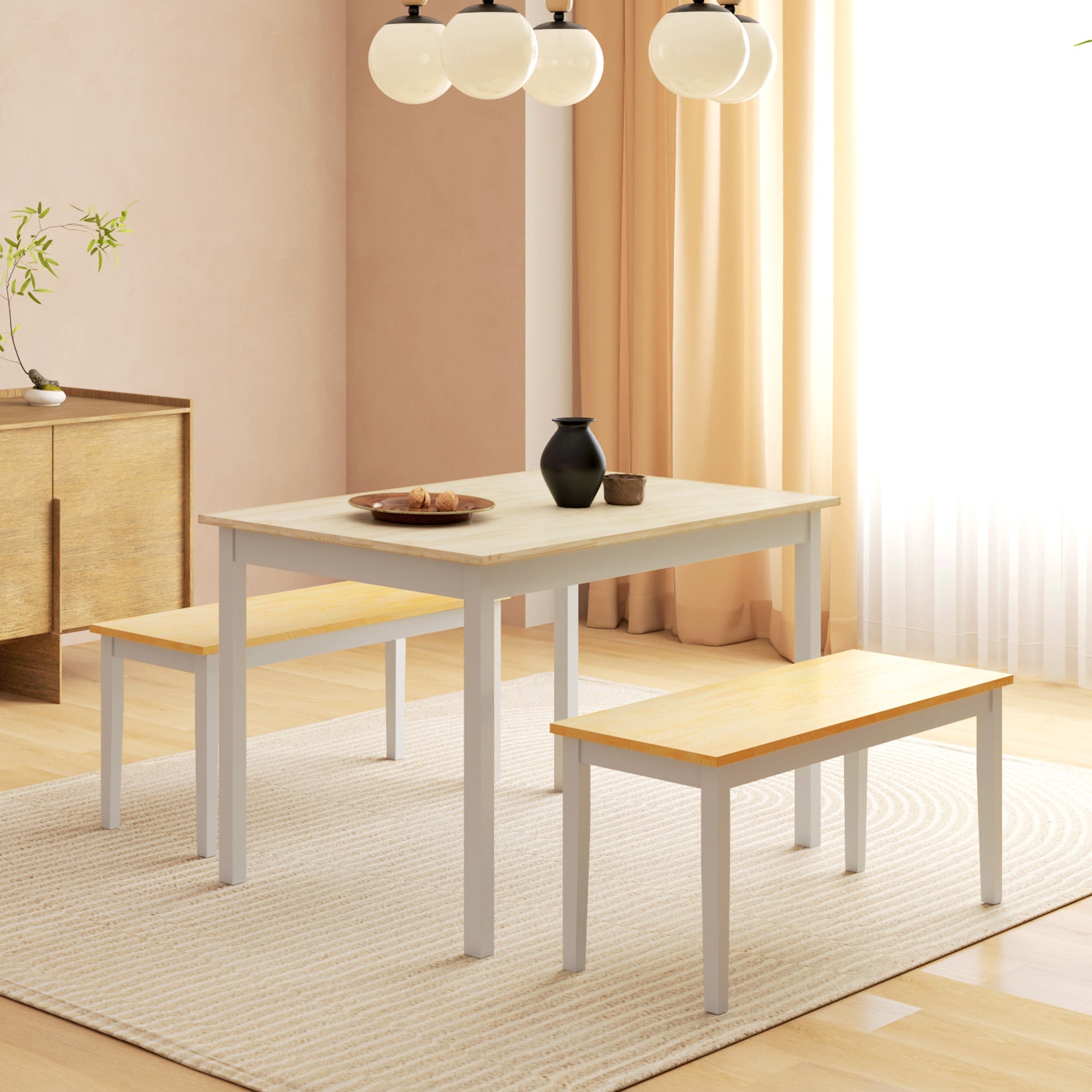 Elegant HOMCOM Dining Table and Modern Bench Set, Farmhouse Kitchen Table and Modern Bench with Wooden Frame for Living Room, Dining Room, Natural and White Elegant HOMCOM Dining Table and Modern Bench Set, Farmhouse Kitchen Table and Modern Bench with Wooden Frame for Living Room, Dining Room, Natural and White