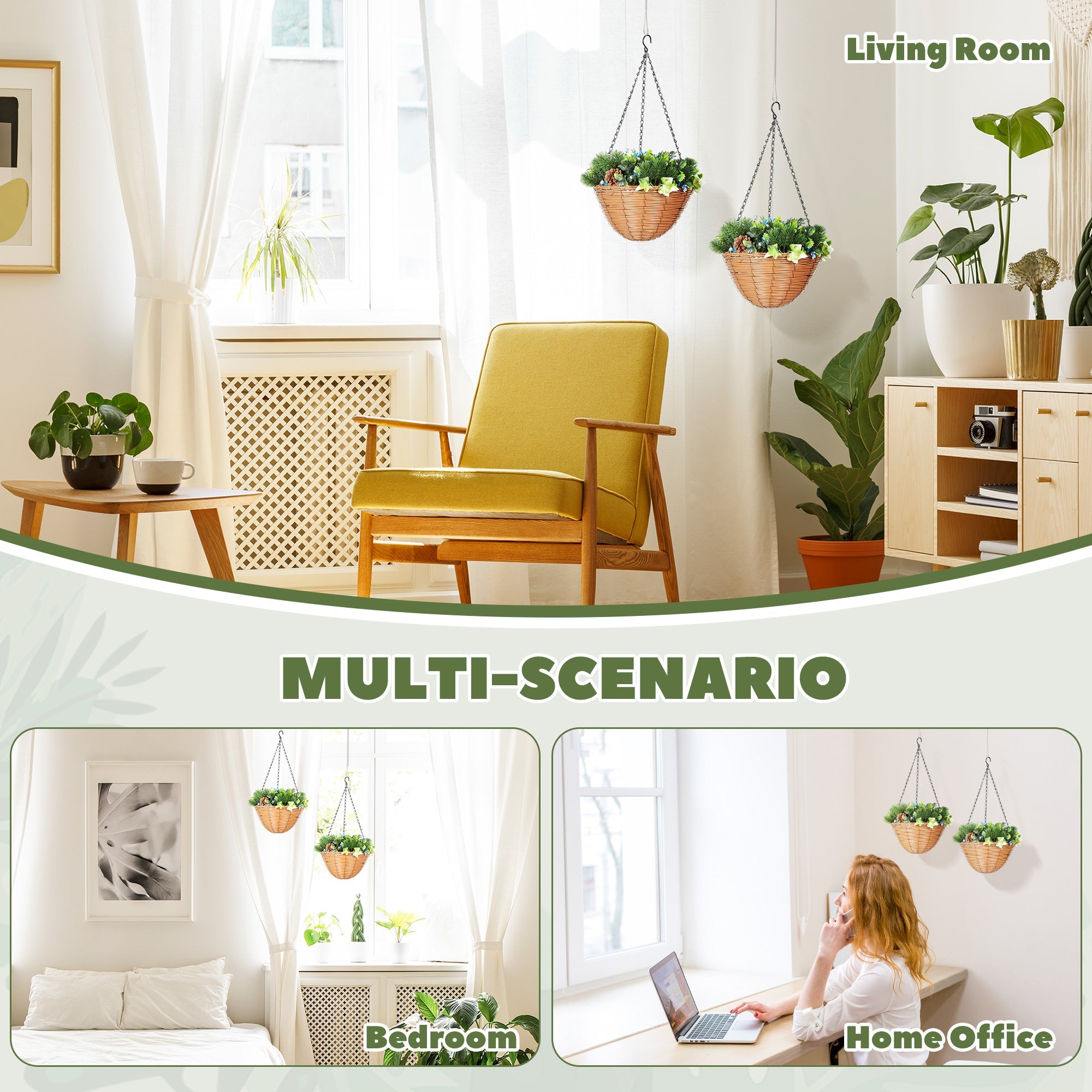 Elegant HOMCOM Artificial Flowers in Basket Set of 2, Artificial Hanging Baskets with PE Leaves, 18 Flowers and 3 Pinecones in Pot, Decorative Faux Plant for Home Office Decor, Green Elegant HOMCOM Artificial Flowers in Basket Set of 2, Artificial Hanging Baskets with PE Leaves, 18 Flowers and 3 Pinecones in Pot, Decorative Faux Plant for Home Office Decor, Green