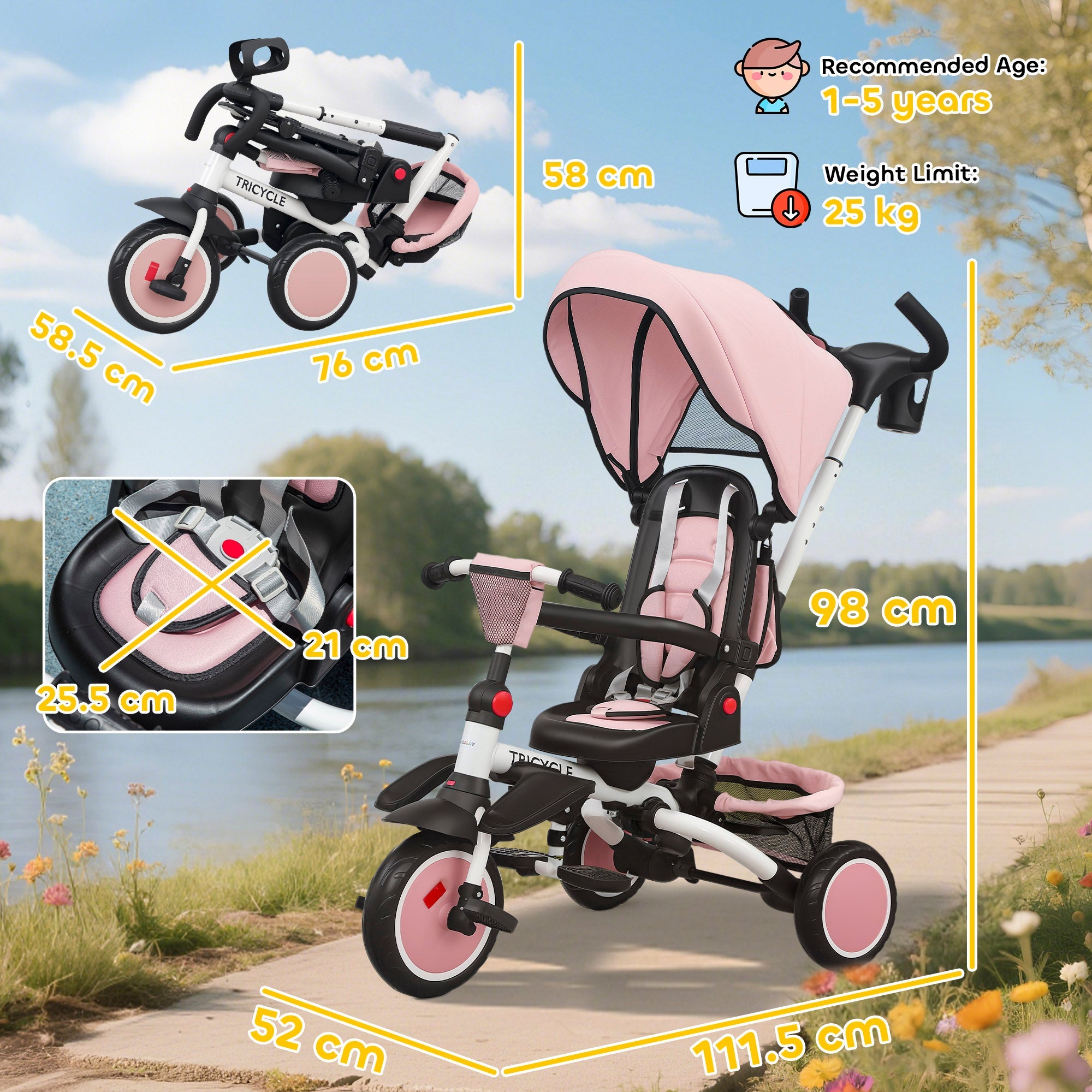AIYAPLAY 6 in 1 Foldable Kids Trike with Adjustable Parent Handle & Canopy for Ages 1-5, Pink AIYAPLAY 6 in 1 Foldable Kids Trike with Adjustable Parent Handle & Canopy for Ages 1-5, Pink