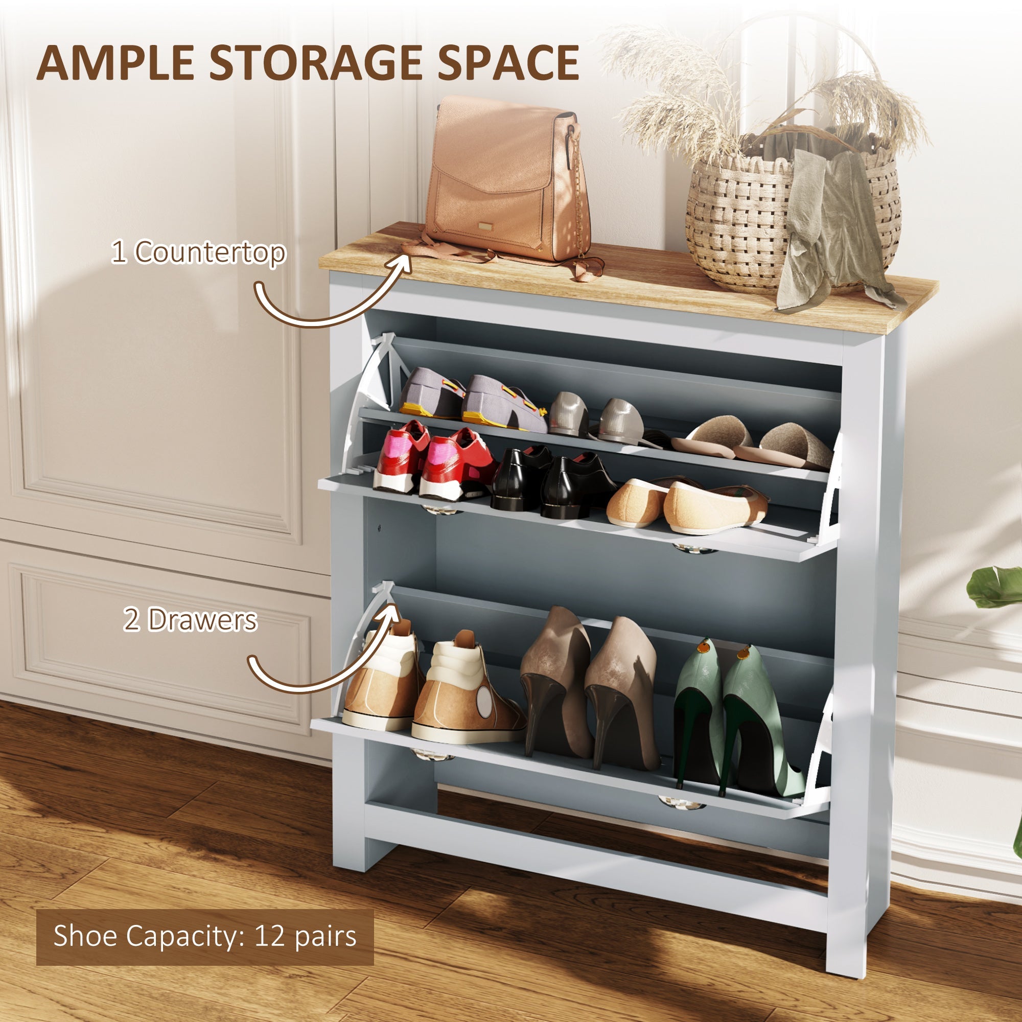 Elegant HOMCOM 2 Drawer Shoe Cabinet Modern Narrow Shoe Cupboard Hallway Wooden Spacious Storage Organiser with Flip Doors Adjustable Shelf for 6-12 Pairs, in Sophisticated Grey Elegant HOMCOM 2 Drawer Shoe Cabinet Modern Narrow Shoe Cupboard Hallway Wooden Spacious Storage Organiser with Flip Doors Adjustable Shelf for 6-12 Pairs, in Sophisticated Grey