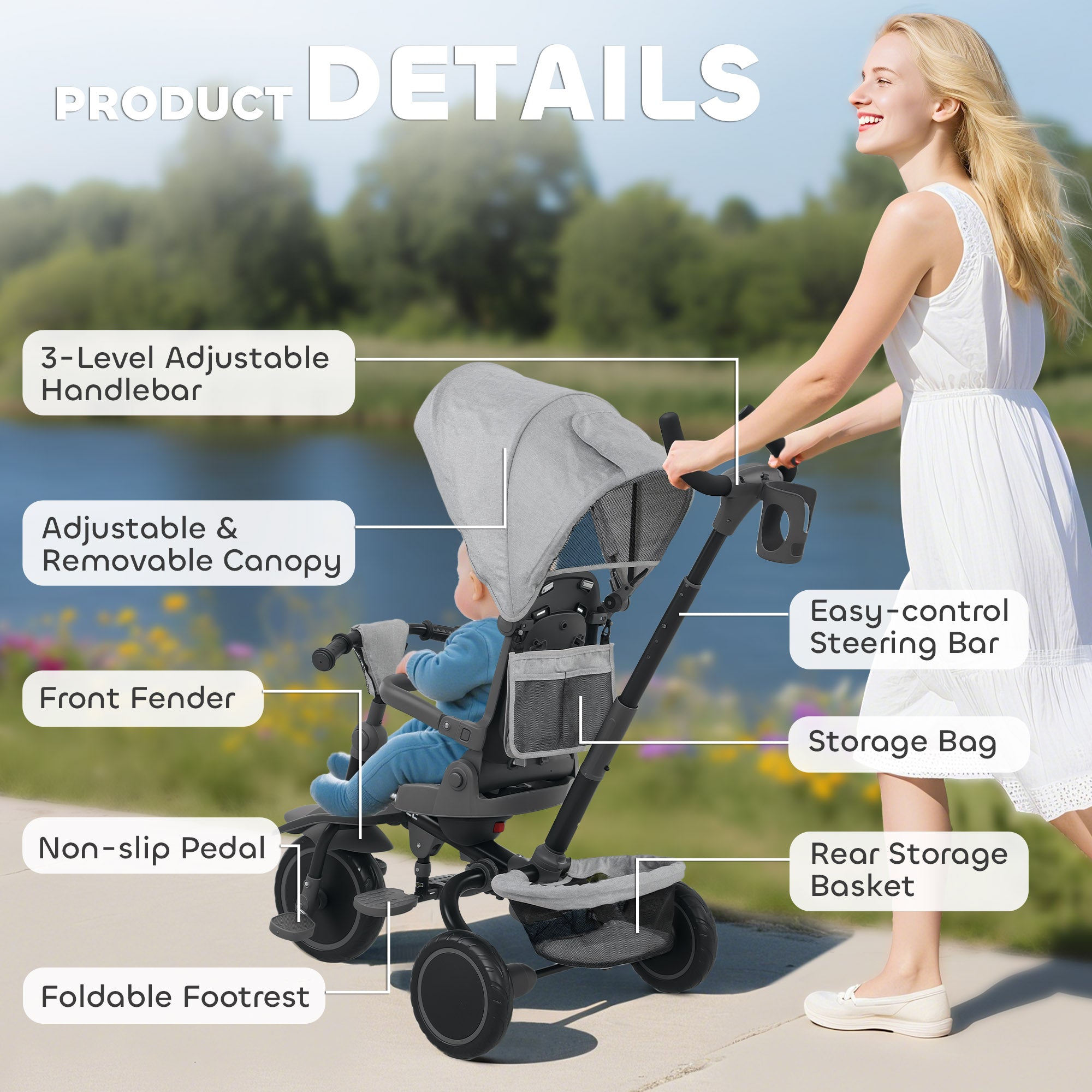 AIYAPLAY 6 in 1 Foldable Kids Trike with Adjustable Parent Handle & Canopy for Ages 1-5, in Sophisticated Grey AIYAPLAY 6 in 1 Foldable Kids Trike with Adjustable Parent Handle & Canopy for Ages 1-5, in Sophisticated Grey