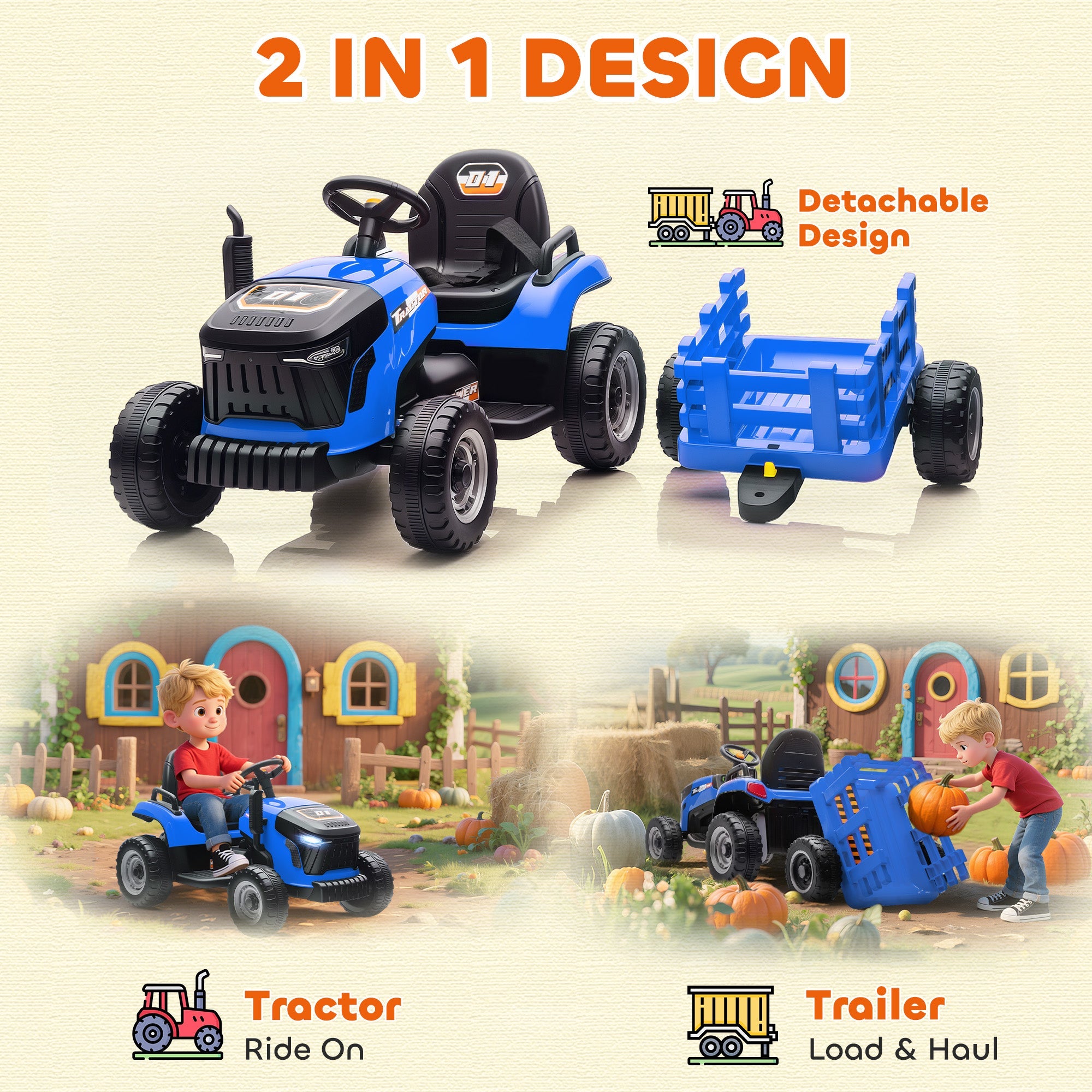 AIYAPLAY 12V Ride on Tractor and Trailer with Remote Control, Music, Shifter, Start-Up Sound, for Kids Ages 3-8 Years, Blue AIYAPLAY 12V Ride on Tractor and Trailer with Remote Control, Music, Shifter, Start-Up Sound, for Kids Ages 3-8 Years, Blue
