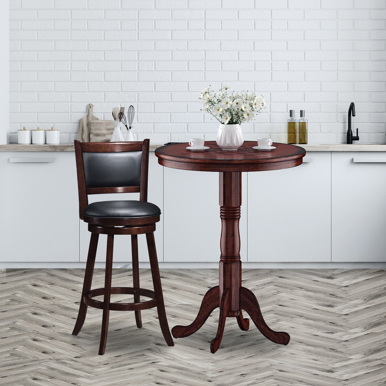 Wooden Pub Pedestal Dining Table with Stable Base and Spacious Tabletop Wooden Pub Pedestal Dining Table with Stable Base and Spacious Tabletop