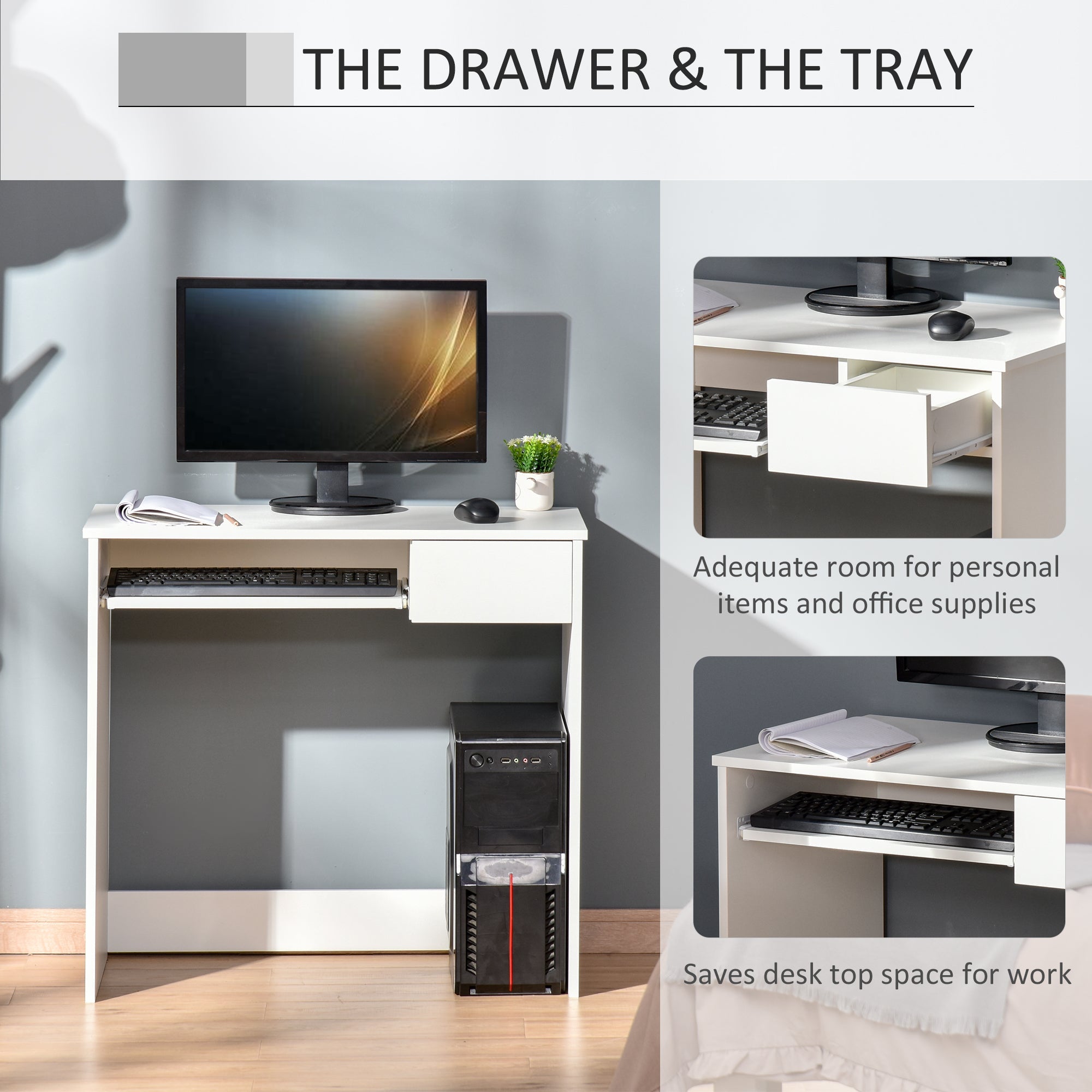 Vinsetto Home Office Chair and Computer Desk Set, Mesh Chair with with 90° Flip-up Armrest, Study Desk with Keyboard Tray and Drawer, White and in Sophisticated Grey Vinsetto Home Office Chair and Computer Desk Set, Mesh Chair with with 90° Flip-up Armrest, Study Desk with Keyboard Tray and Drawer, White and in Sophisticated Grey