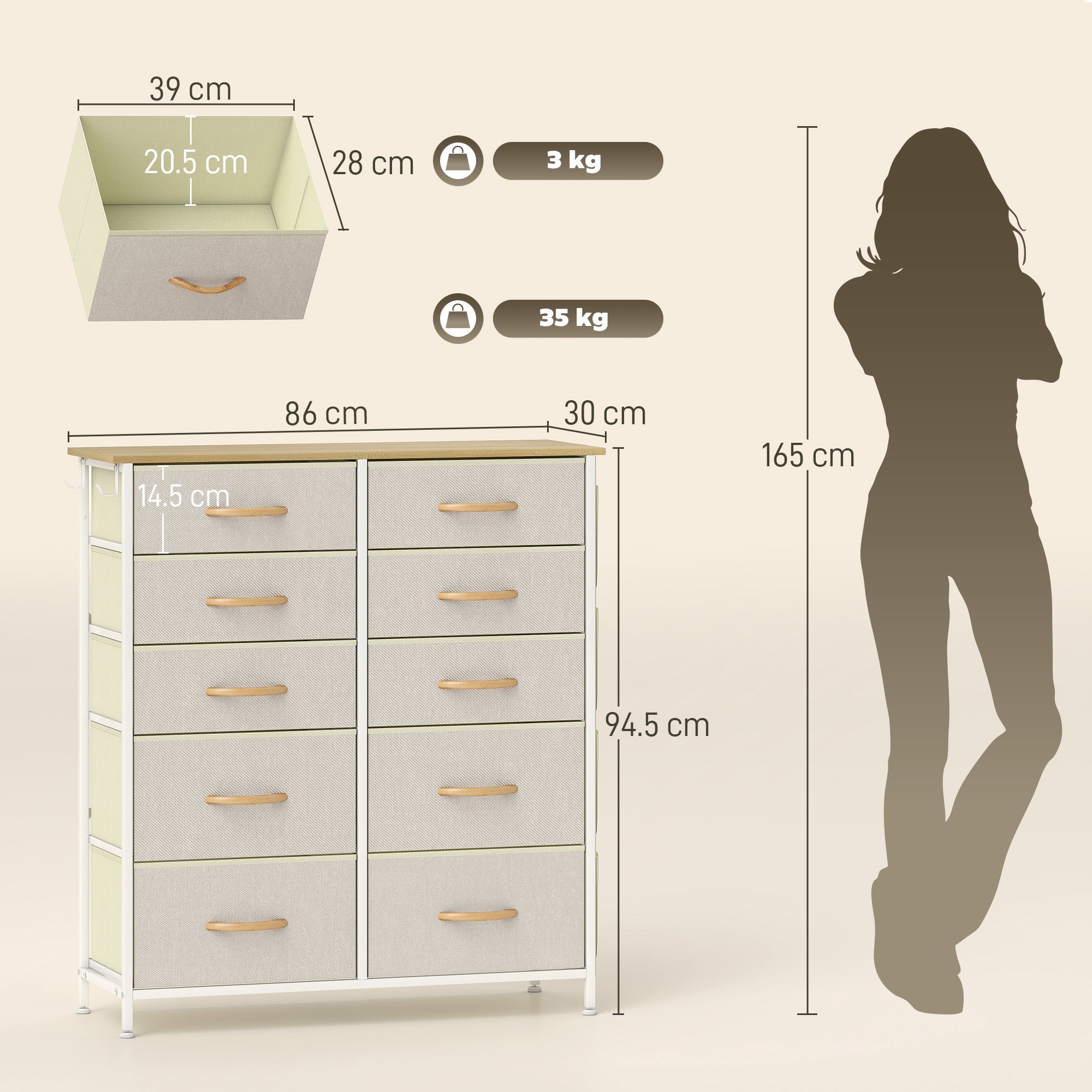 Elegant HOMCOM Chest of Ten Fabric Drawers - Beige Elegant HOMCOM Chest of Ten Fabric Drawers - Beige