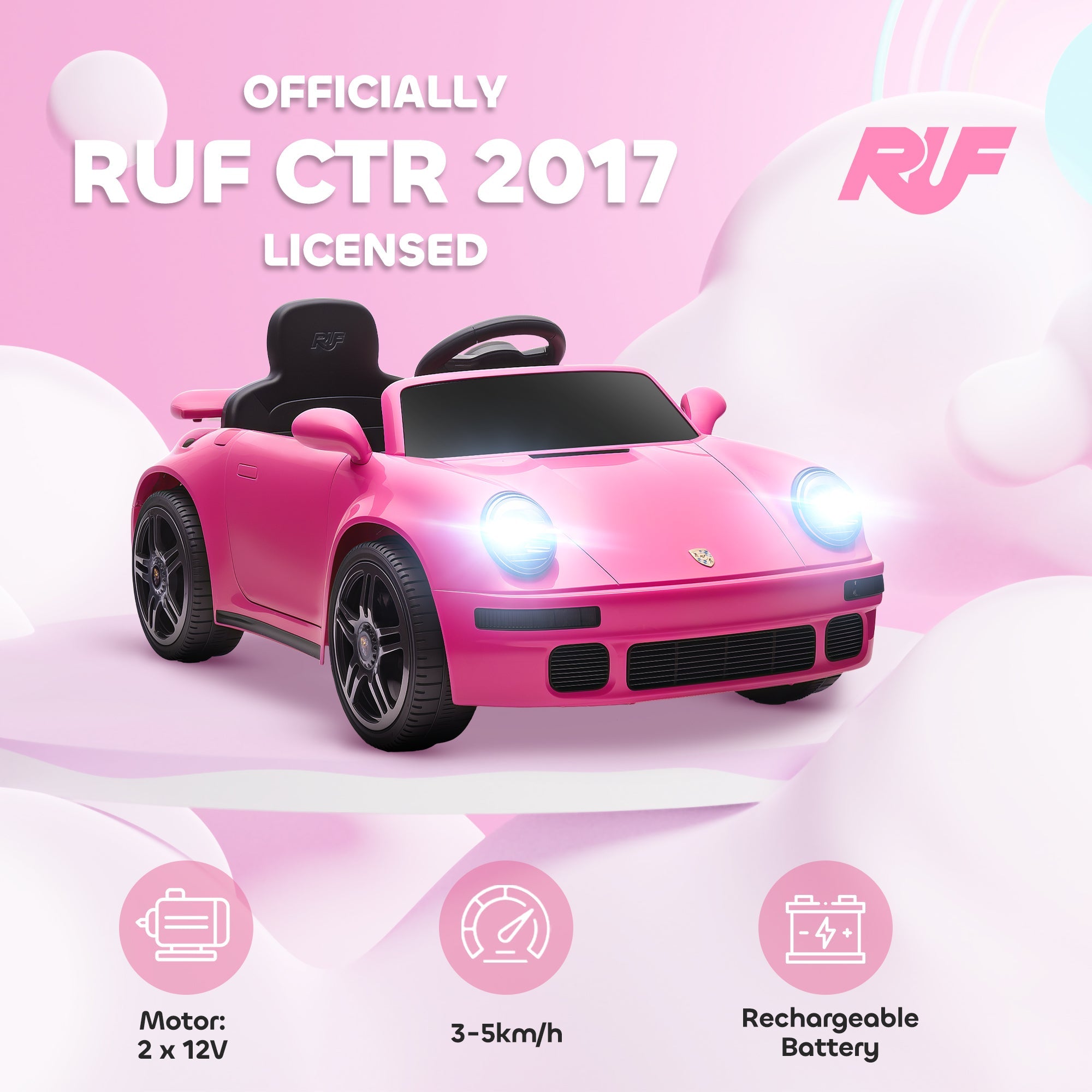 AIYAPLAY Licensed RUF CTR 2017 Electric Car for Kids, with Remote Control, Soft Start, MP3 Player, LED Lights, Pink AIYAPLAY Licensed RUF CTR 2017 Electric Car for Kids, with Remote Control, Soft Start, MP3 Player, LED Lights, Pink