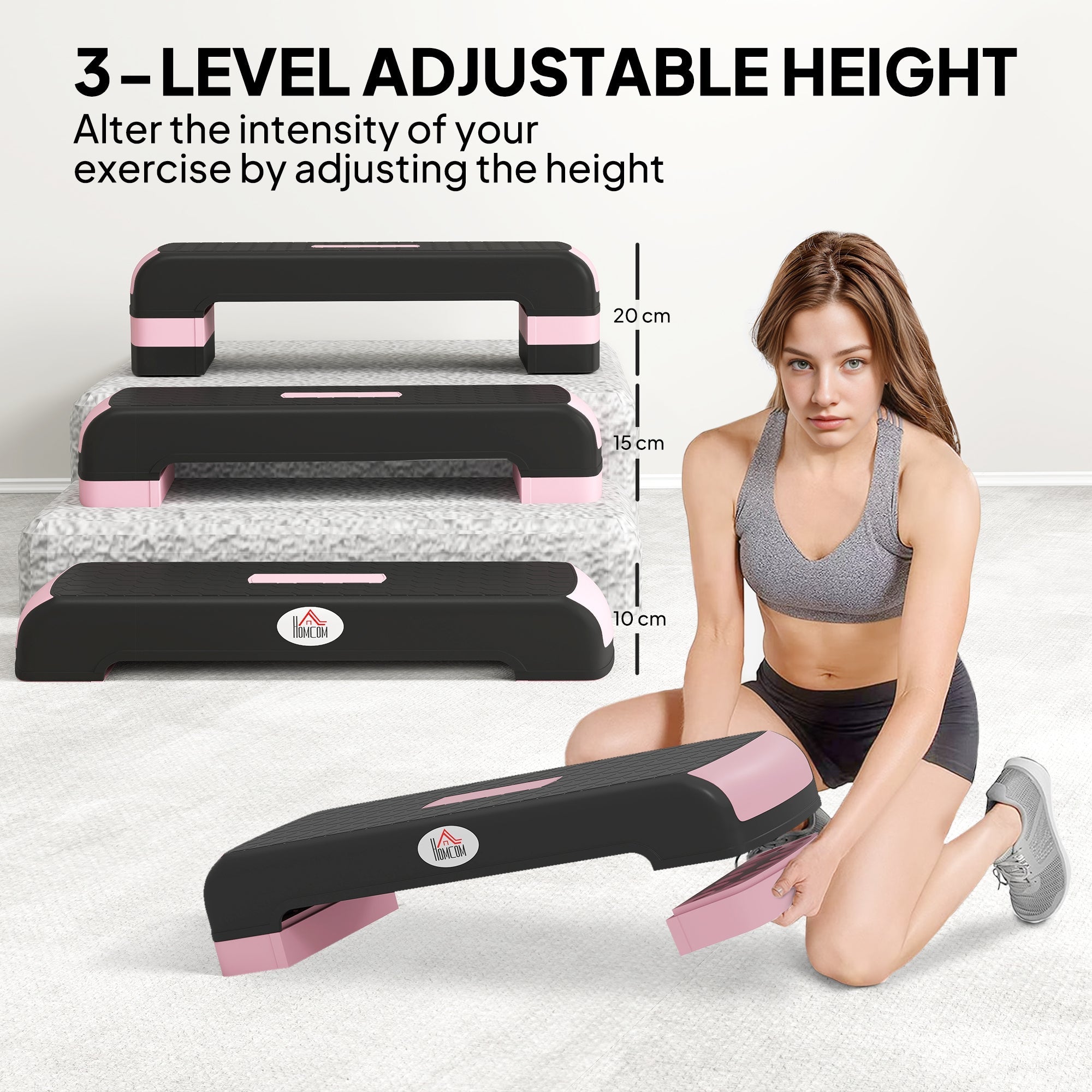 Elegant HOMCOM Aerobic Step with 3-Level Adjustable Heights for Home, Office Exercise, Black and Pink Elegant HOMCOM Aerobic Step with 3-Level Adjustable Heights for Home, Office Exercise, Black and Pink
