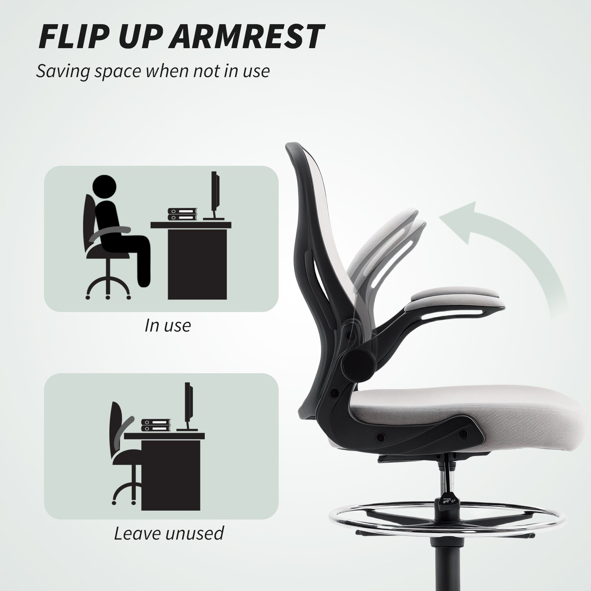 Vinsetto Adjustable Mesh Standing Desk Chair with Flip-up Armrests Lumbar Support Armrests Adjustable Footrest Ring in Sophisticated Grey Vinsetto Adjustable Mesh Standing Desk Chair with Flip-up Armrests Lumbar Support Armrests Adjustable Footrest Ring in Sophisticated Grey
