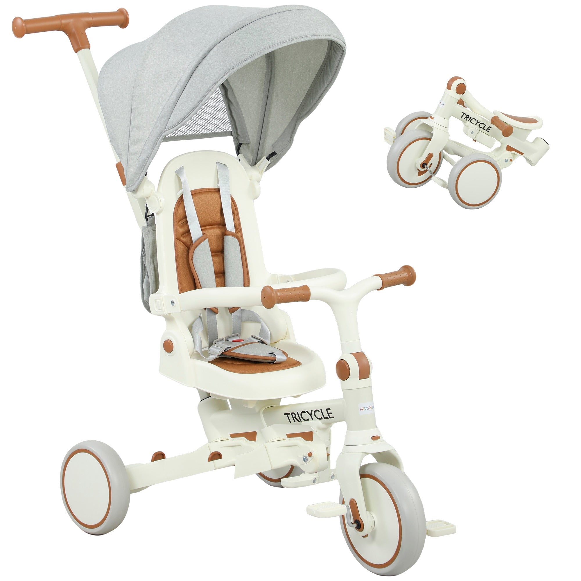 AIYAPLAY 5 in 1 Kids Trike with Adjustable Backrest, Toddler Tricycle with Push Handlebar, Adjustable Backrest, Cream White AIYAPLAY 5 in 1 Kids Trike with Adjustable Backrest, Toddler Tricycle with Push Handlebar, Adjustable Backrest, Cream White
