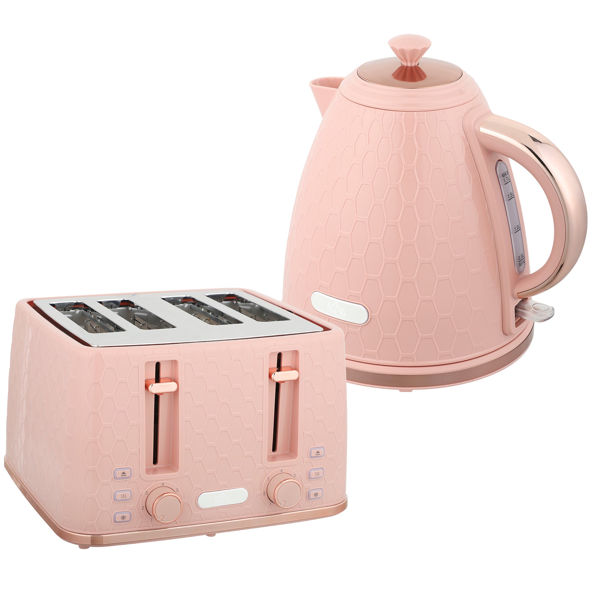 Elegant HOMCOM Kettle and Toaster Set, 1.7L 3000W Fast Boil Jug Kettle, 4 Slice Toaster with 7 Level Browning Controls, Light Pink Elegant HOMCOM Kettle and Toaster Set, 1.7L 3000W Fast Boil Jug Kettle, 4 Slice Toaster with 7 Level Browning Controls, Light Pink
