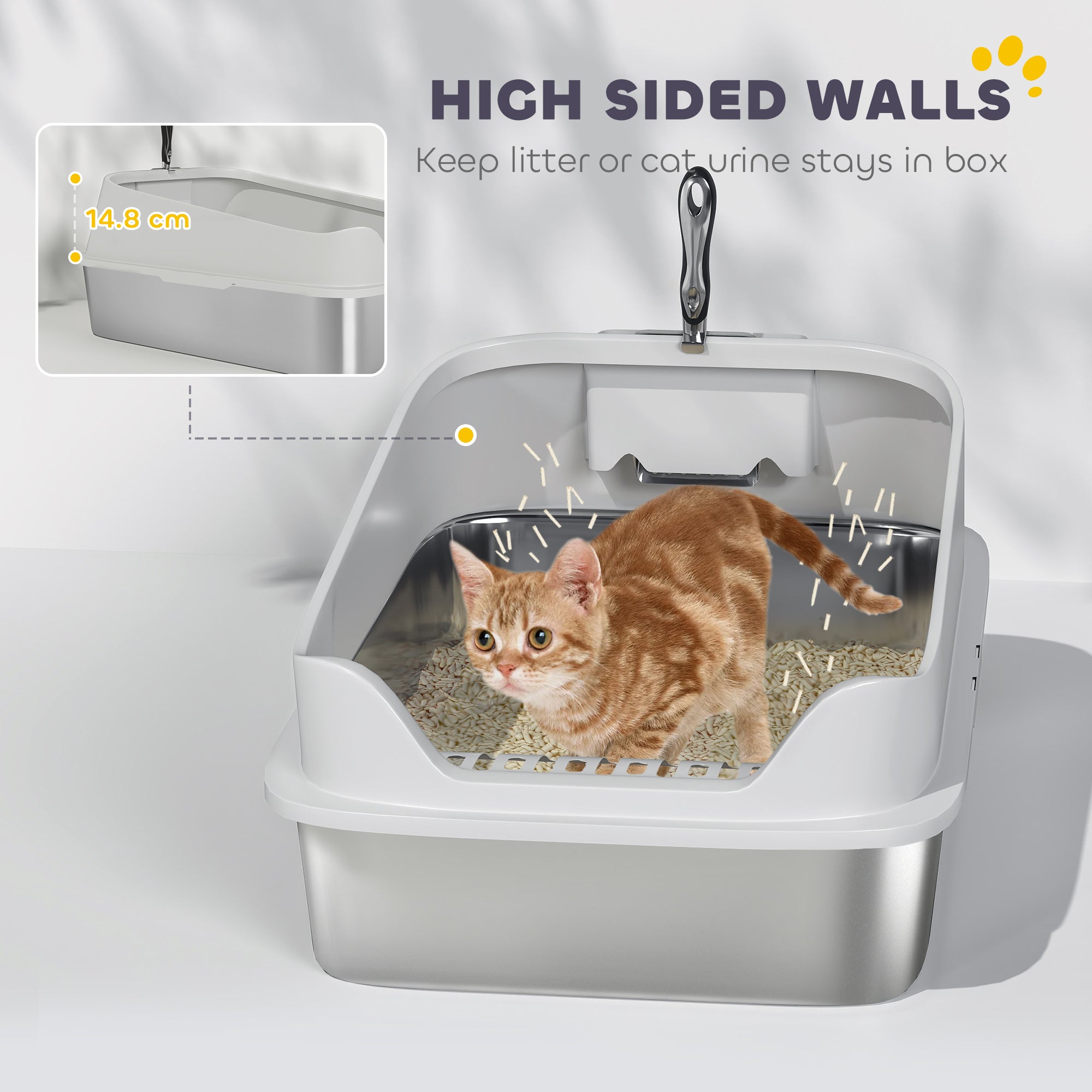 PawHut XL Stainless Steel Cat Litter Box with High Sides, Metal Scoop, 60 x 40 x 30 cm PawHut XL Stainless Steel Cat Litter Box with High Sides, Metal Scoop, 60 x 40 x 30 cm