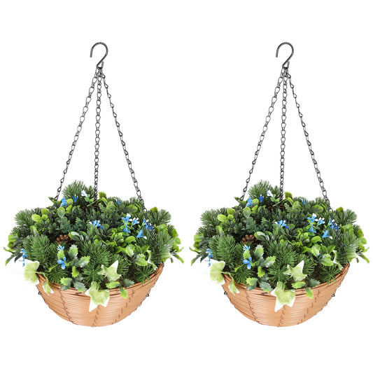 Elegant HOMCOM Artificial Flowers in Basket Set of 2, Artificial Hanging Baskets with PE Leaves, 18 Flowers and 3 Pinecones in Pot, Decorative Faux Plant for Home Office Decor, Green