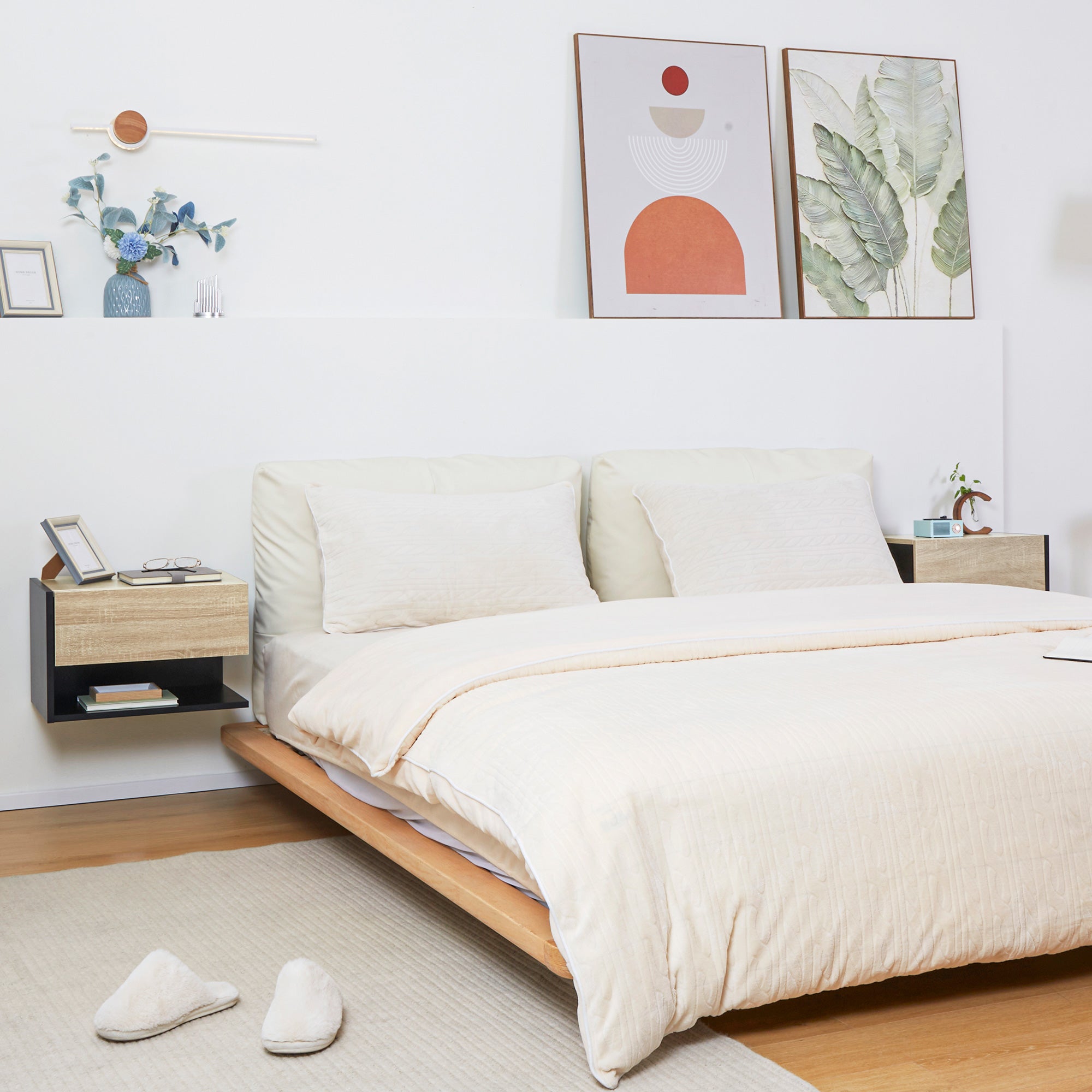 Elegant HOMCOM Floating Bedside Table Set of 2, Wall Mounted Bedside Cabinet with Drawer and Open Shelf, Modern Nightstand for Bedroom, 46 x 30 x 30 cm, Oak Tone Elegant HOMCOM Floating Bedside Table Set of 2, Wall Mounted Bedside Cabinet with Drawer and Open Shelf, Modern Nightstand for Bedroom, 46 x 30 x 30 cm, Oak Tone