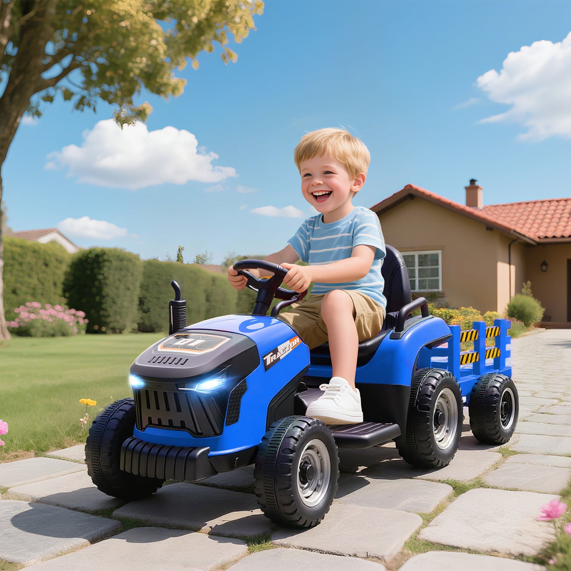 AIYAPLAY 12V Ride on Tractor and Trailer with Remote Control, Music, Shifter, Start-Up Sound, for Kids Ages 3-8 Years, Blue AIYAPLAY 12V Ride on Tractor and Trailer with Remote Control, Music, Shifter, Start-Up Sound, for Kids Ages 3-8 Years, Blue