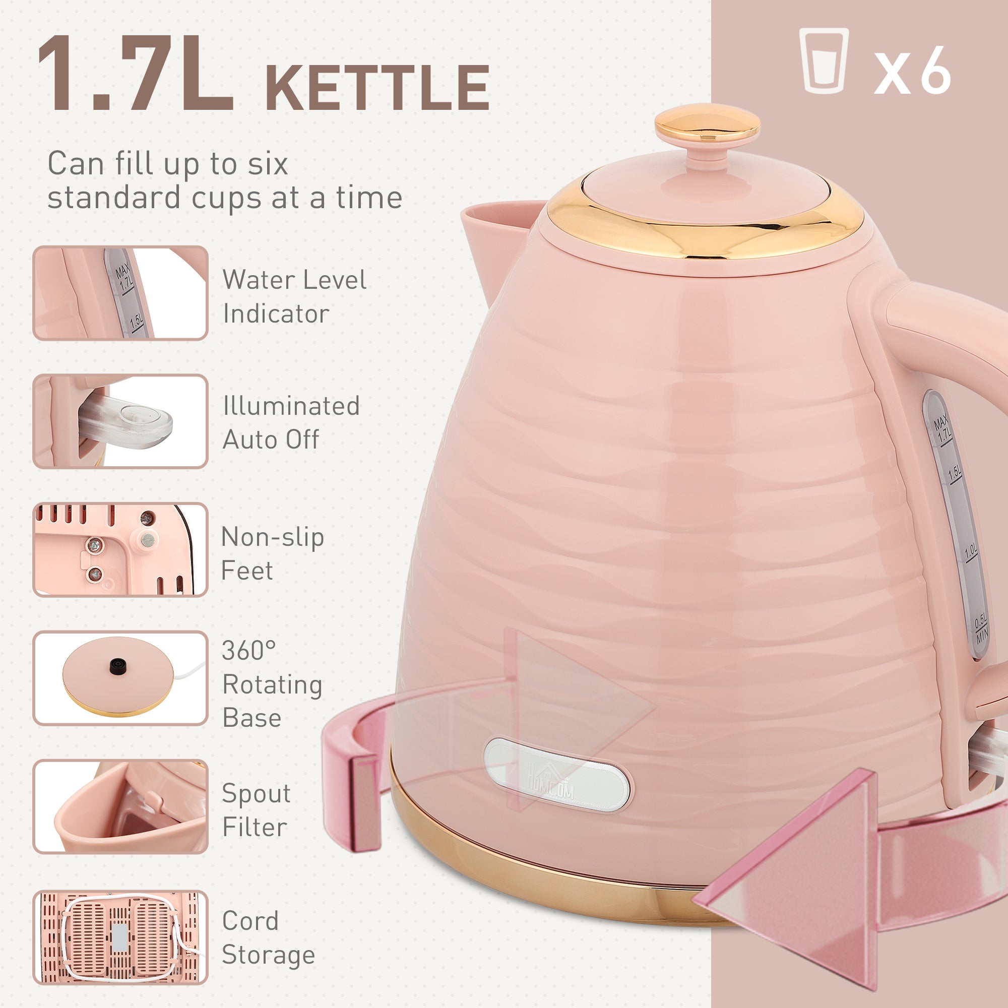 Elegant HOMCOM 3000W 1.7L Kettle & 4 Slice Toaster, Kettle and Toaster Set with 7 Browning Controls and Crumb Tray, Light Pink Elegant HOMCOM 3000W 1.7L Kettle & 4 Slice Toaster, Kettle and Toaster Set with 7 Browning Controls and Crumb Tray, Light Pink