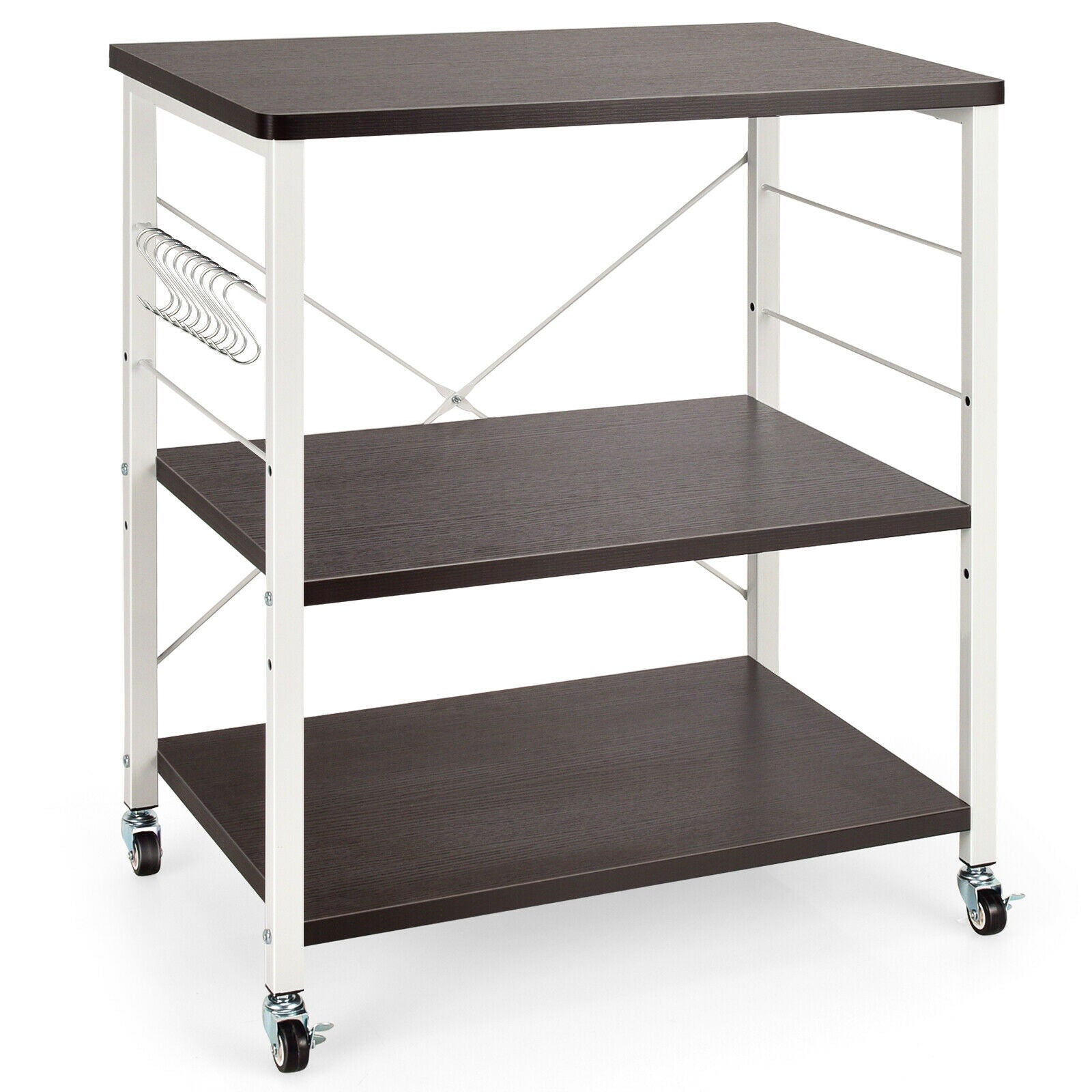 3 Tier Rolling Kitchen Baker's Rack with Adjustable Shelf and Hooks-Net Brown 3 Tier Rolling Kitchen Baker's Rack with Adjustable Shelf and Hooks-Net Brown