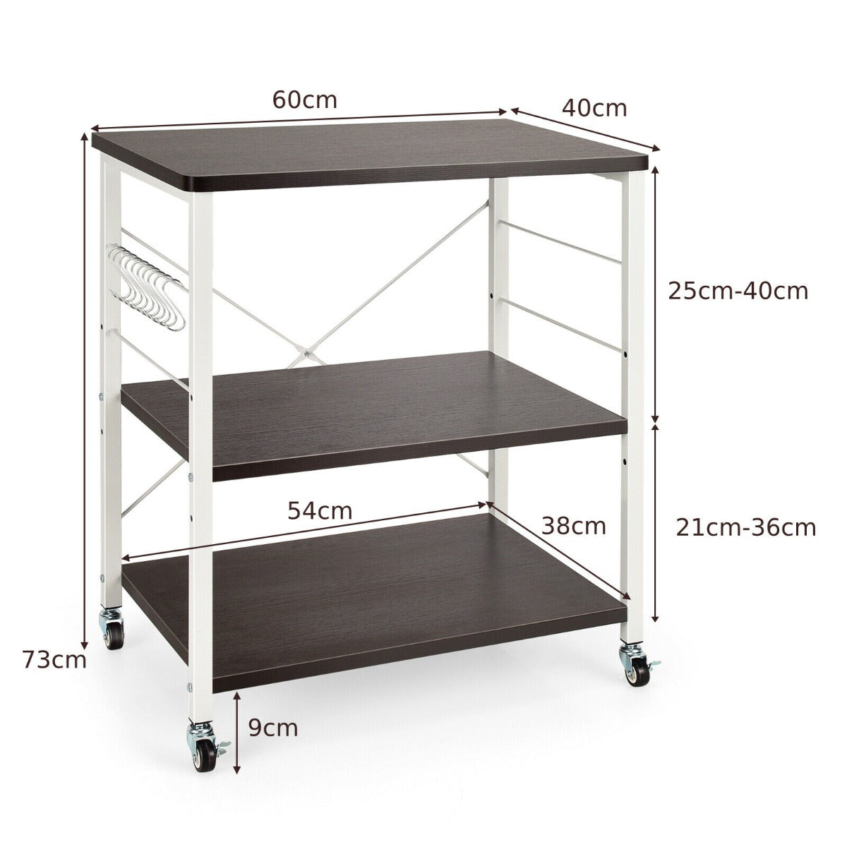 3 Tier Rolling Kitchen Baker's Rack with Adjustable Shelf and Hooks-Net Brown 3 Tier Rolling Kitchen Baker's Rack with Adjustable Shelf and Hooks-Net Brown