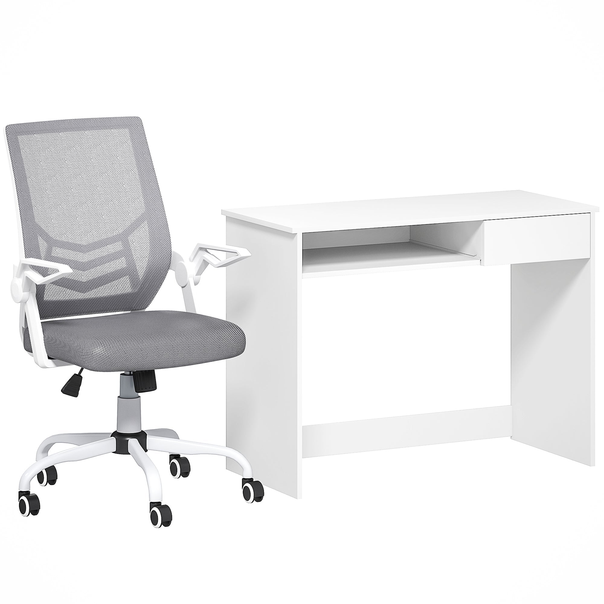 Vinsetto Home Office Chair and Computer Desk Set, Mesh Chair with with 90° Flip-up Armrest, Study Desk with Keyboard Tray and Drawer, White and in Sophisticated Grey Vinsetto Home Office Chair and Computer Desk Set, Mesh Chair with with 90° Flip-up Armrest, Study Desk with Keyboard Tray and Drawer, White and in Sophisticated Grey