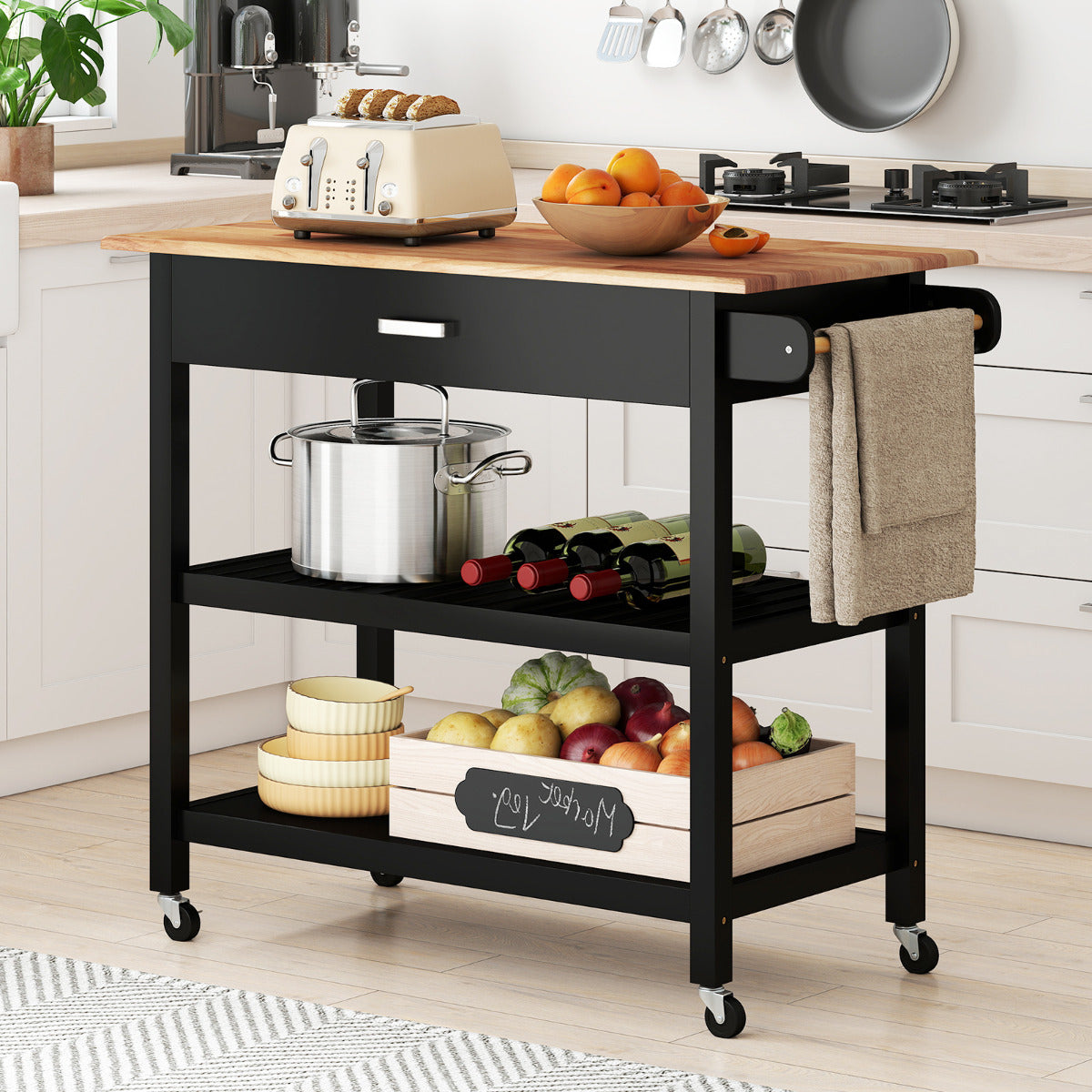 Kitchen Island with Open Shelves and Lockable Casters- Kitchen Island with Open Shelves and Lockable Casters-