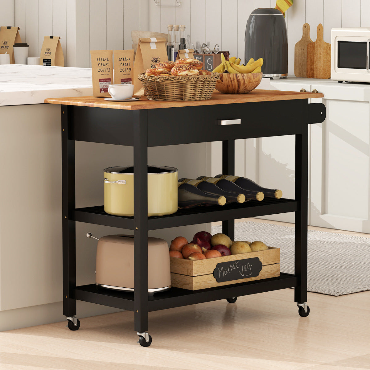 Kitchen Island with Open Shelves and Lockable Casters- Kitchen Island with Open Shelves and Lockable Casters-