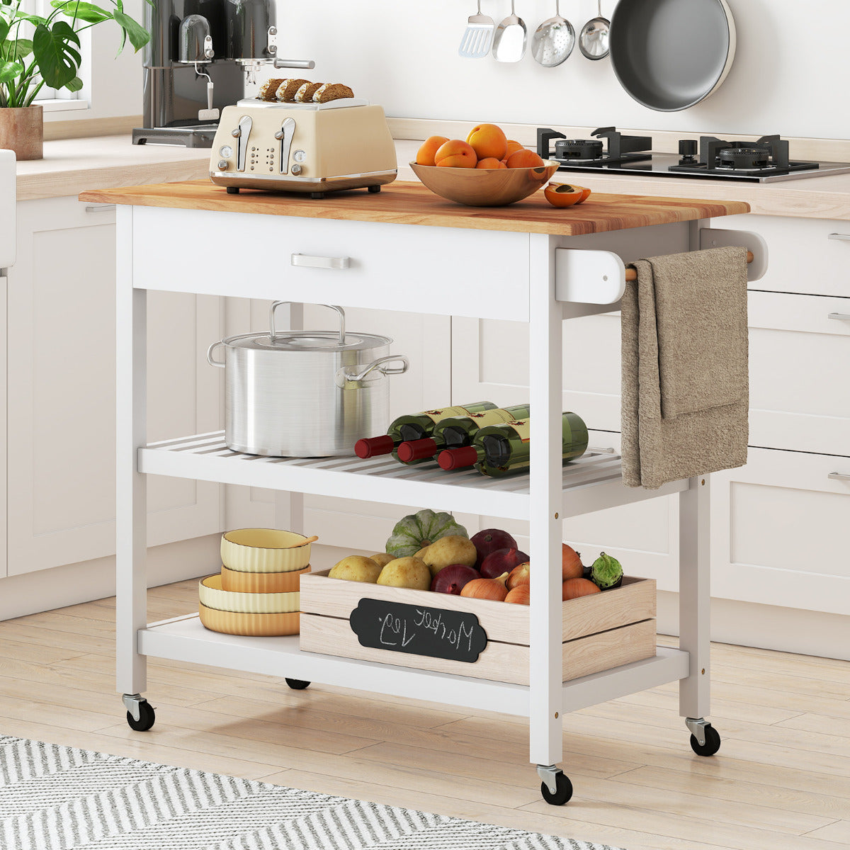 Kitchen Island with Open Shelves and Lockable Casters- Kitchen Island with Open Shelves and Lockable Casters-