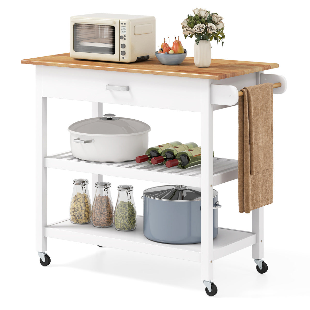 Kitchen Island with Open Shelves and Lockable Casters- Kitchen Island with Open Shelves and Lockable Casters-