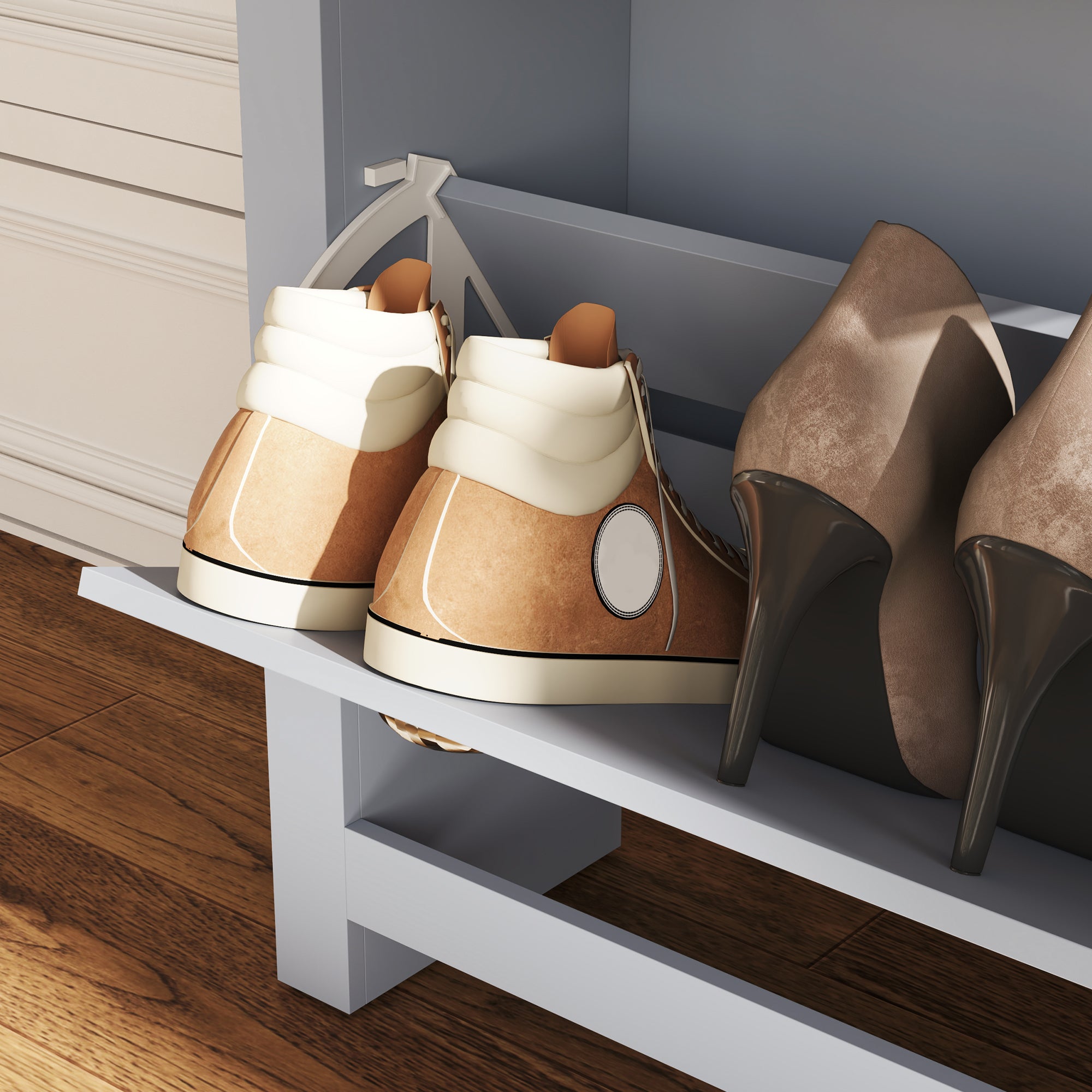 Elegant HOMCOM 2 Drawer Shoe Cabinet Modern Narrow Shoe Cupboard Hallway Wooden Spacious Storage Organiser with Flip Doors Adjustable Shelf for 6-12 Pairs, in Sophisticated Grey Elegant HOMCOM 2 Drawer Shoe Cabinet Modern Narrow Shoe Cupboard Hallway Wooden Spacious Storage Organiser with Flip Doors Adjustable Shelf for 6-12 Pairs, in Sophisticated Grey