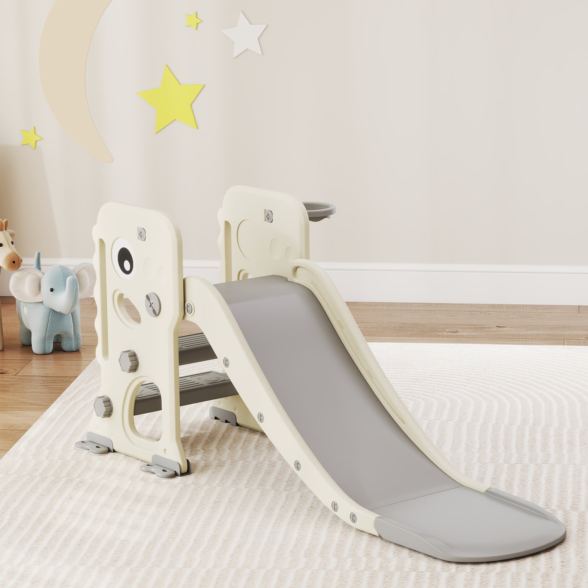AIYAPLAY 3 in 1 Kids Slide with Climber, Basketball Hoop and Ball, Foldable Indoor Toddler Slide for Ages 2-5, Cream White AIYAPLAY 3 in 1 Kids Slide with Climber, Basketball Hoop and Ball, Foldable Indoor Toddler Slide for Ages 2-5, Cream White
