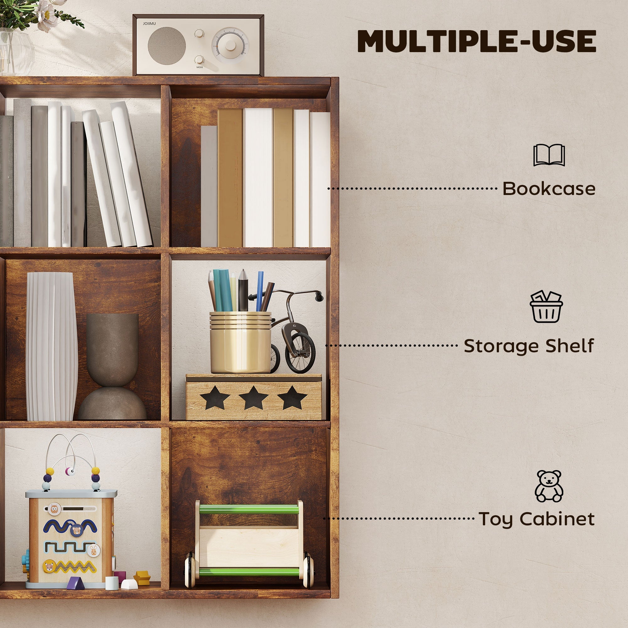 Elegant HOMCOM 3-tier 9 Cubes Spacious Storage Unit Particle Board Cupboard Bookcase Organiser Home Office Shelves, Rustic Brown Elegant HOMCOM 3-tier 9 Cubes Spacious Storage Unit Particle Board Cupboard Bookcase Organiser Home Office Shelves, Rustic Brown