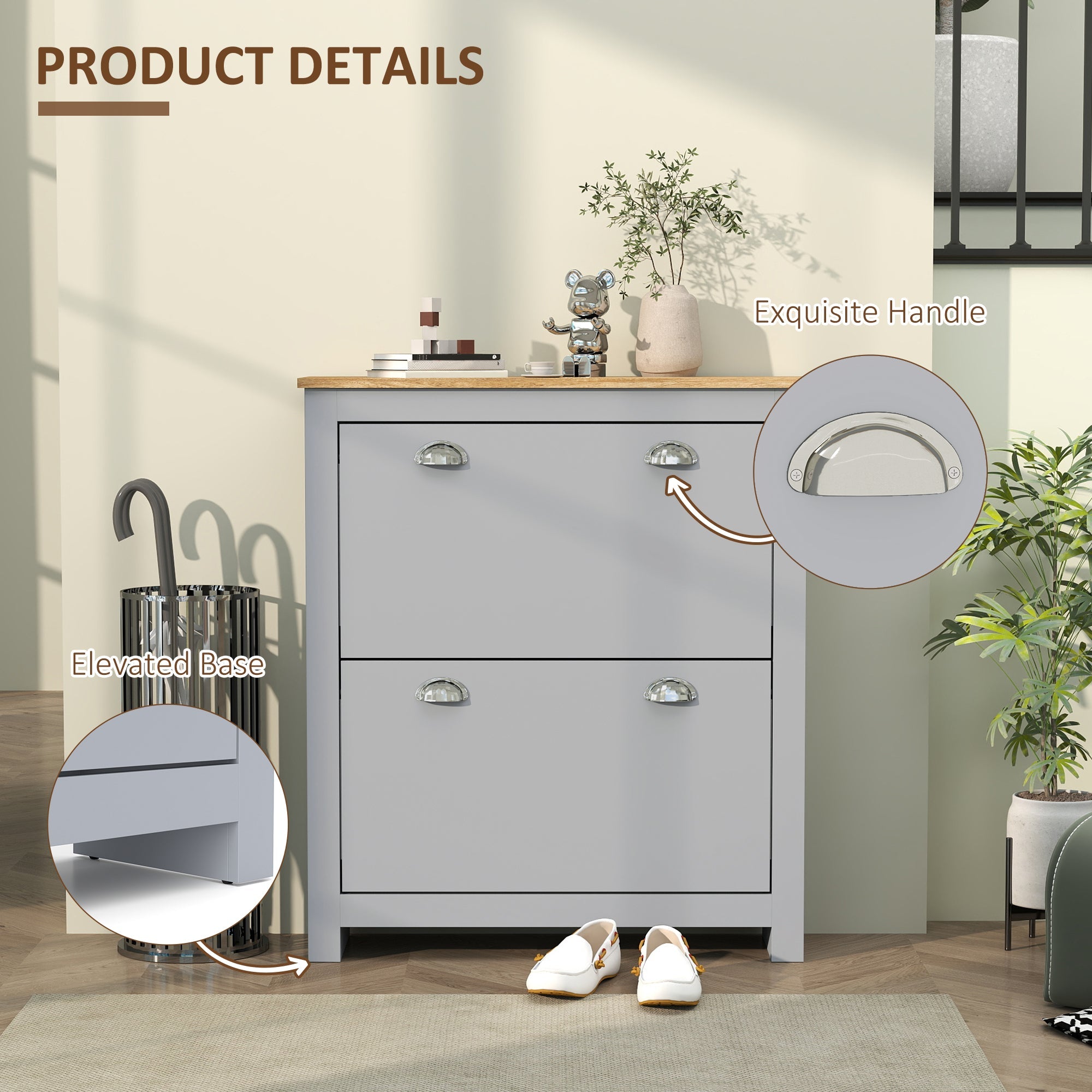 Elegant HOMCOM 2 Drawer Shoe Cabinet Modern Narrow Shoe Cupboard Hallway Wooden Spacious Storage Organiser with Flip Doors Adjustable Shelf for 6-12 Pairs, in Sophisticated Grey Elegant HOMCOM 2 Drawer Shoe Cabinet Modern Narrow Shoe Cupboard Hallway Wooden Spacious Storage Organiser with Flip Doors Adjustable Shelf for 6-12 Pairs, in Sophisticated Grey