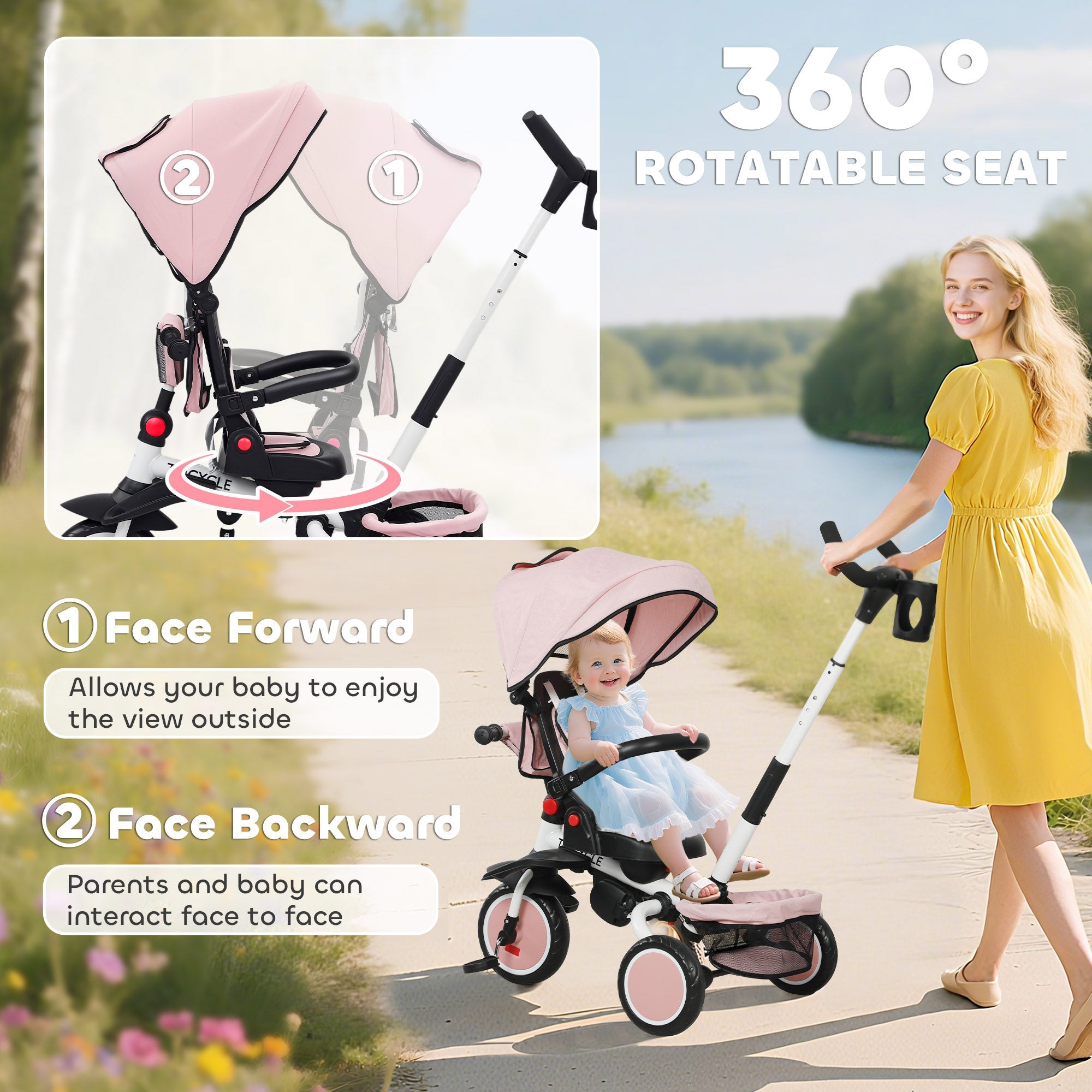 AIYAPLAY 6 in 1 Foldable Kids Trike with Adjustable Parent Handle & Canopy for Ages 1-5, Pink AIYAPLAY 6 in 1 Foldable Kids Trike with Adjustable Parent Handle & Canopy for Ages 1-5, Pink