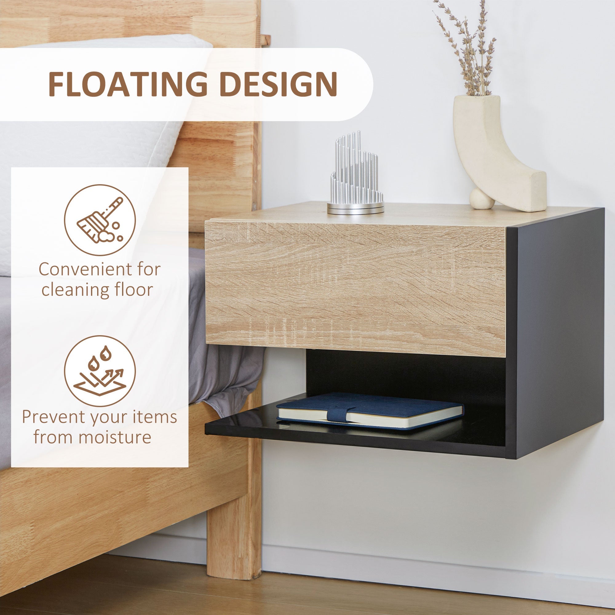 Elegant HOMCOM Floating Bedside Table Set of 2, Wall Mounted Bedside Cabinet with Drawer and Open Shelf, Modern Nightstand for Bedroom, 46 x 30 x 30 cm, Oak Tone Elegant HOMCOM Floating Bedside Table Set of 2, Wall Mounted Bedside Cabinet with Drawer and Open Shelf, Modern Nightstand for Bedroom, 46 x 30 x 30 cm, Oak Tone