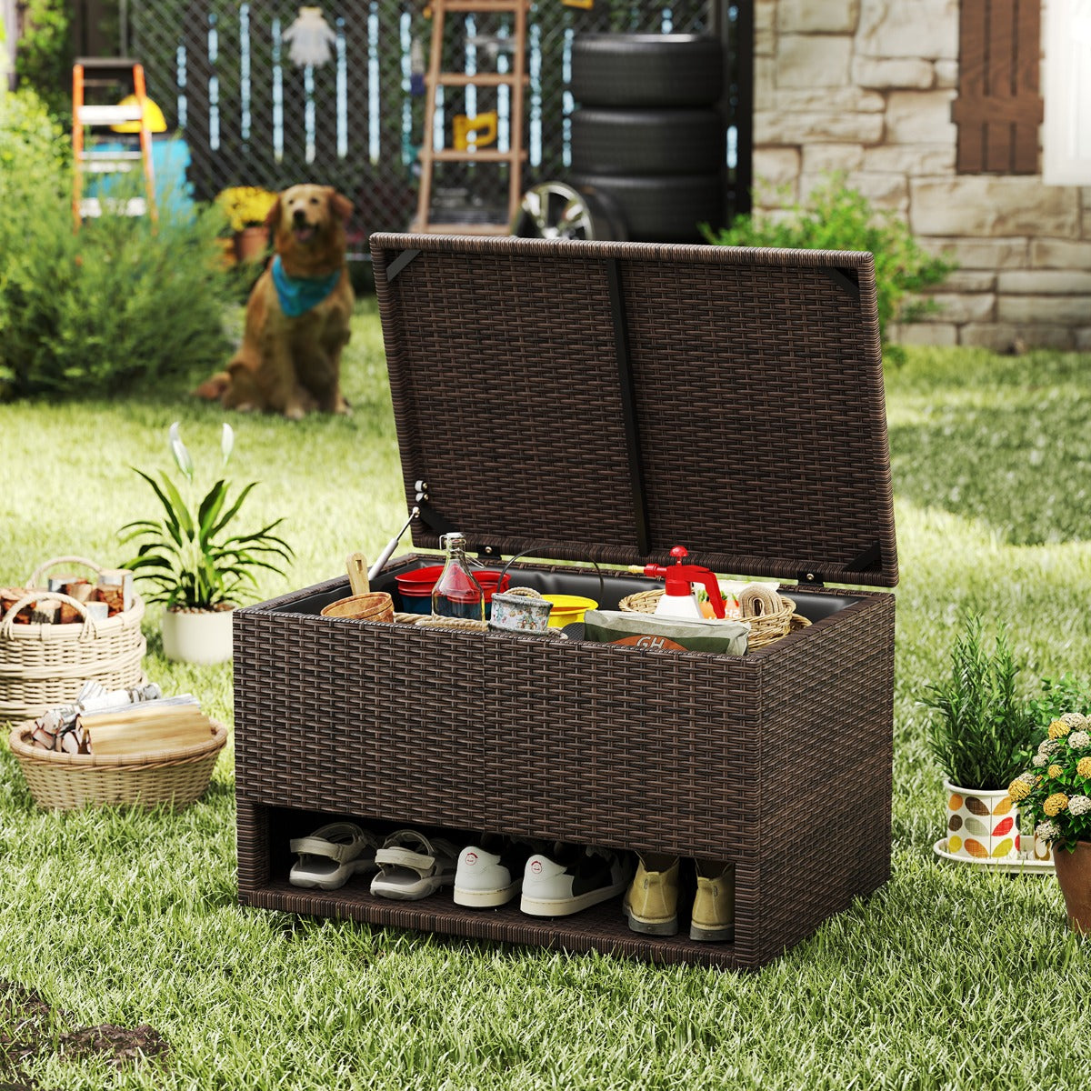 PE Rattan Spacious Storage Bin with Waterproof Liner and Shoe Rack PE Rattan Spacious Storage Bin with Waterproof Liner and Shoe Rack