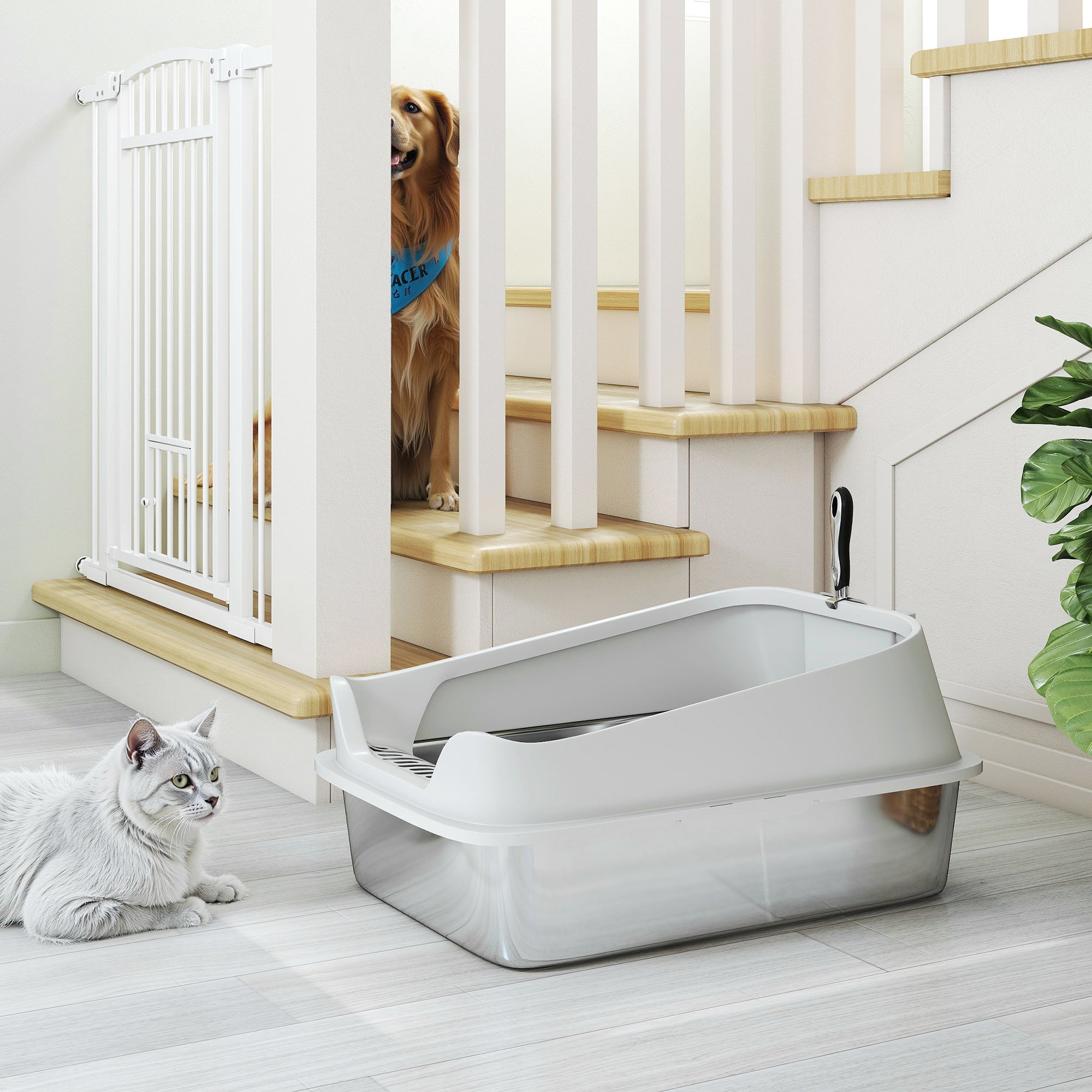PawHut XL Stainless Steel Cat Litter Box with High Sides, Metal Scoop, 60 x 40 x 30 cm PawHut XL Stainless Steel Cat Litter Box with High Sides, Metal Scoop, 60 x 40 x 30 cm