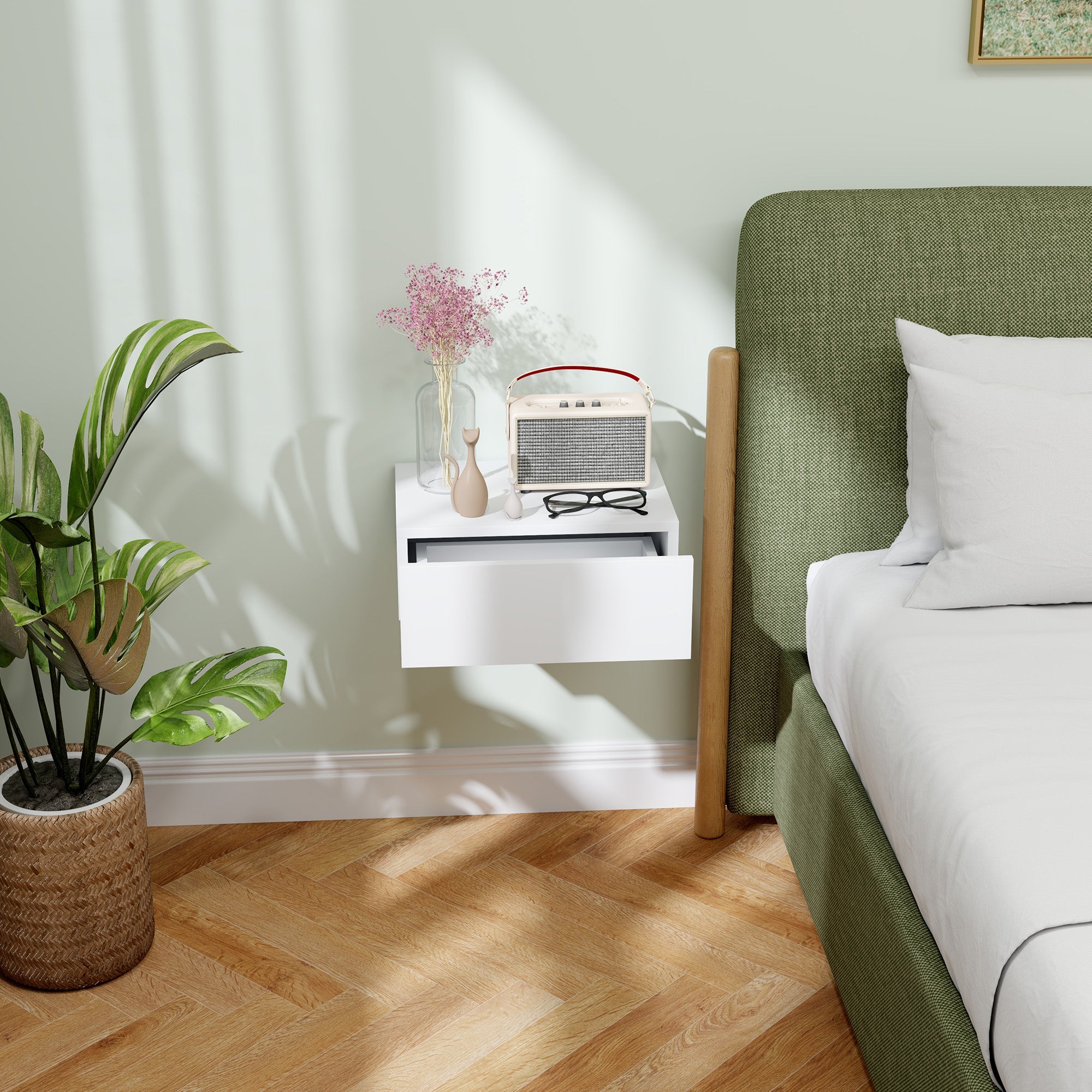 Elegant HOMCOM Floating Bedside Table, Wall-Mounted Nightstand with Spacious Storage Drawer, Small Side End Table for Bedroom, White Elegant HOMCOM Floating Bedside Table, Wall-Mounted Nightstand with Spacious Storage Drawer, Small Side End Table for Bedroom, White