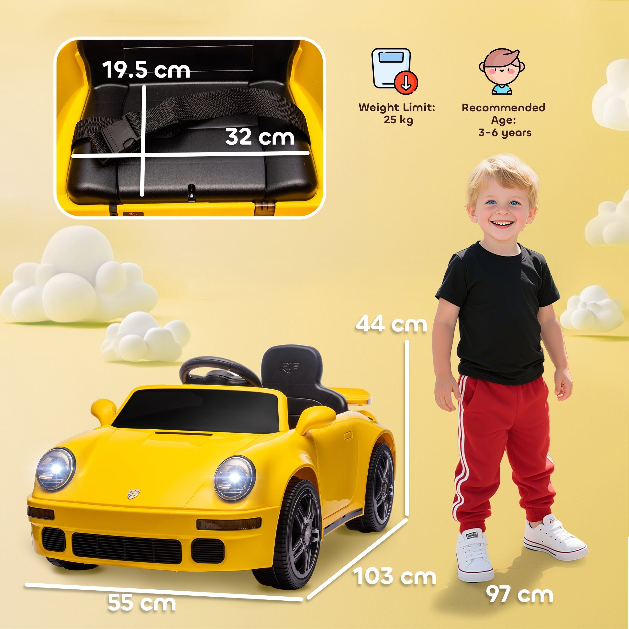AIYAPLAY Licensed RUF CTR 2017 Electric Car for Kids, with Remote Control, Soft Start, MP3 Player, LED Lights, Yellow AIYAPLAY Licensed RUF CTR 2017 Electric Car for Kids, with Remote Control, Soft Start, MP3 Player, LED Lights, Yellow