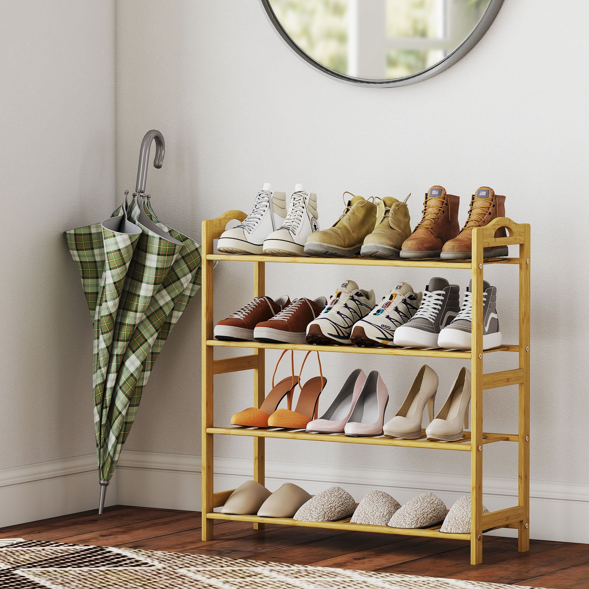 Elegant HOMCOM Freestanding Bamboo Shoe Rack, 4-Tier Shoe Shelf Stand for Hallway, Living Room, Bedroom, Natural Wood Finish Elegant HOMCOM Freestanding Bamboo Shoe Rack, 4-Tier Shoe Shelf Stand for Hallway, Living Room, Bedroom, Natural Wood Finish