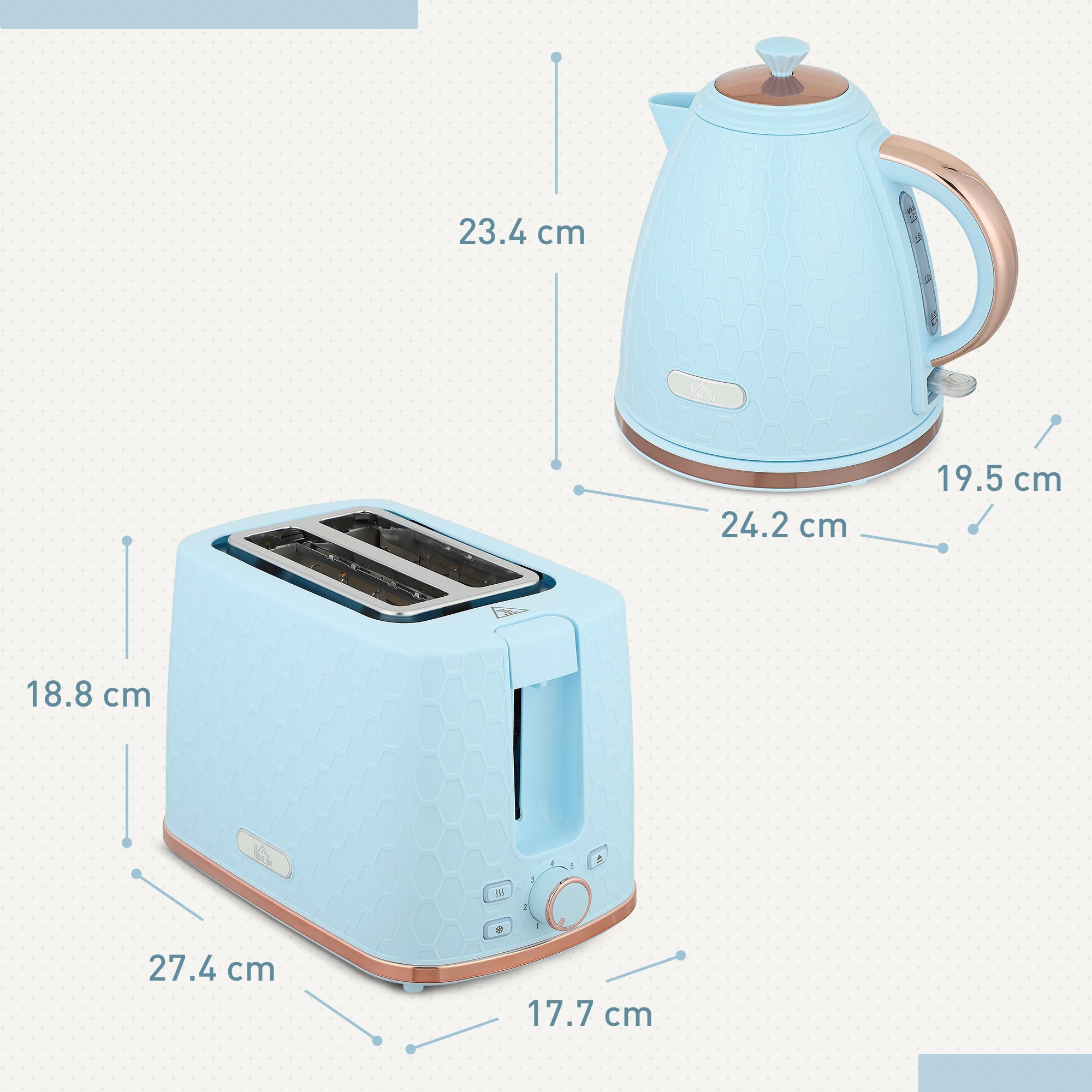 Elegant HOMCOM 1.7L 3000W Fast Boil Kettle & 2 Slice Toaster Set, Kettle and Toaster Set with Auto Shut Off, Browning Controls, Light Blue Elegant HOMCOM 1.7L 3000W Fast Boil Kettle & 2 Slice Toaster Set, Kettle and Toaster Set with Auto Shut Off, Browning Controls, Light Blue